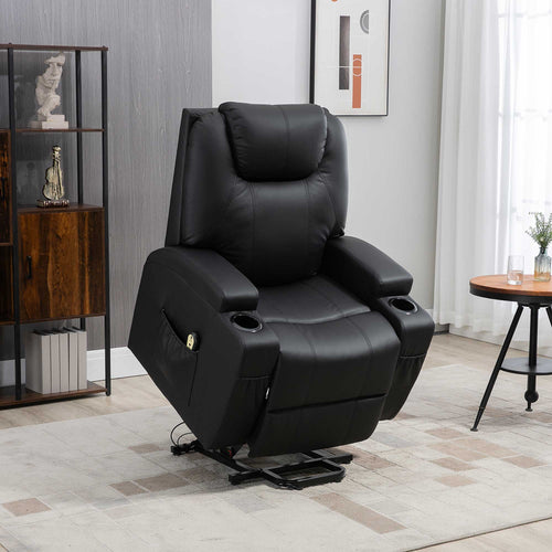 Power Lift Chair for Elderly, PU Leather Recliner Sofa Chair with Footrest, Remote Control, Side Pockets and Cup Holders, Black