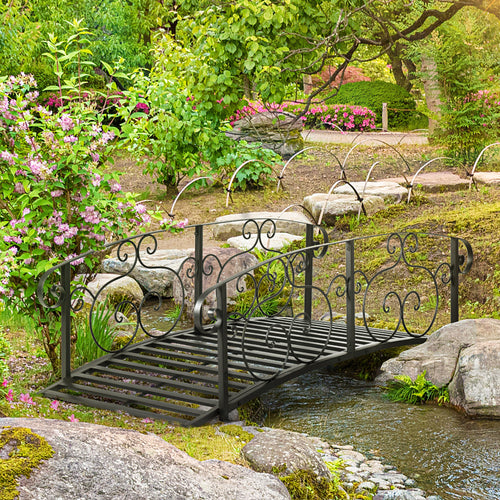 6FT Steel Garden Bridge with Safety Siderails, Decorative Arc Landscaping Bridge for Backyard Creek Stream Pond, Black