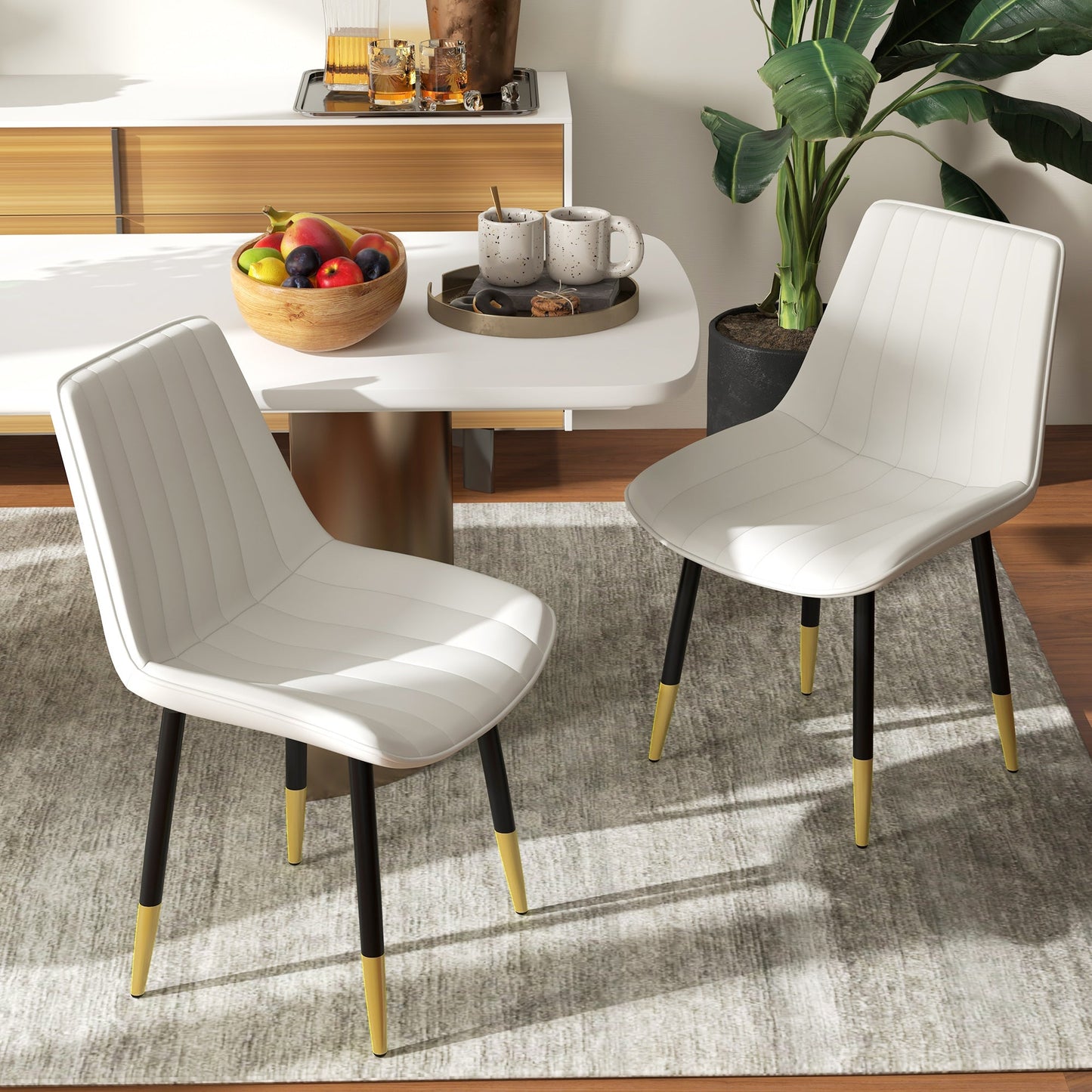 Dining Chairs Set of 2, Modern Kitchen Chair with PU Leather Upholstery and Steel Legs for Living Room, Bedroom, Cream Bar Stools   at Gallery Canada