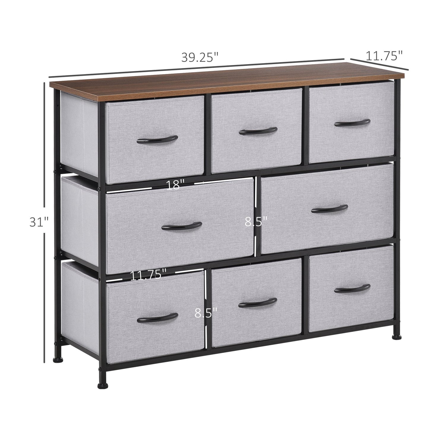 8-Bin Dresser, 3-Tier Fabric Chest of Bins, Storage Tower Organizer Unit with Steel Frame Wooden Top for Living Room, Hallway, Grey Storage Cabinets   at Gallery Canada