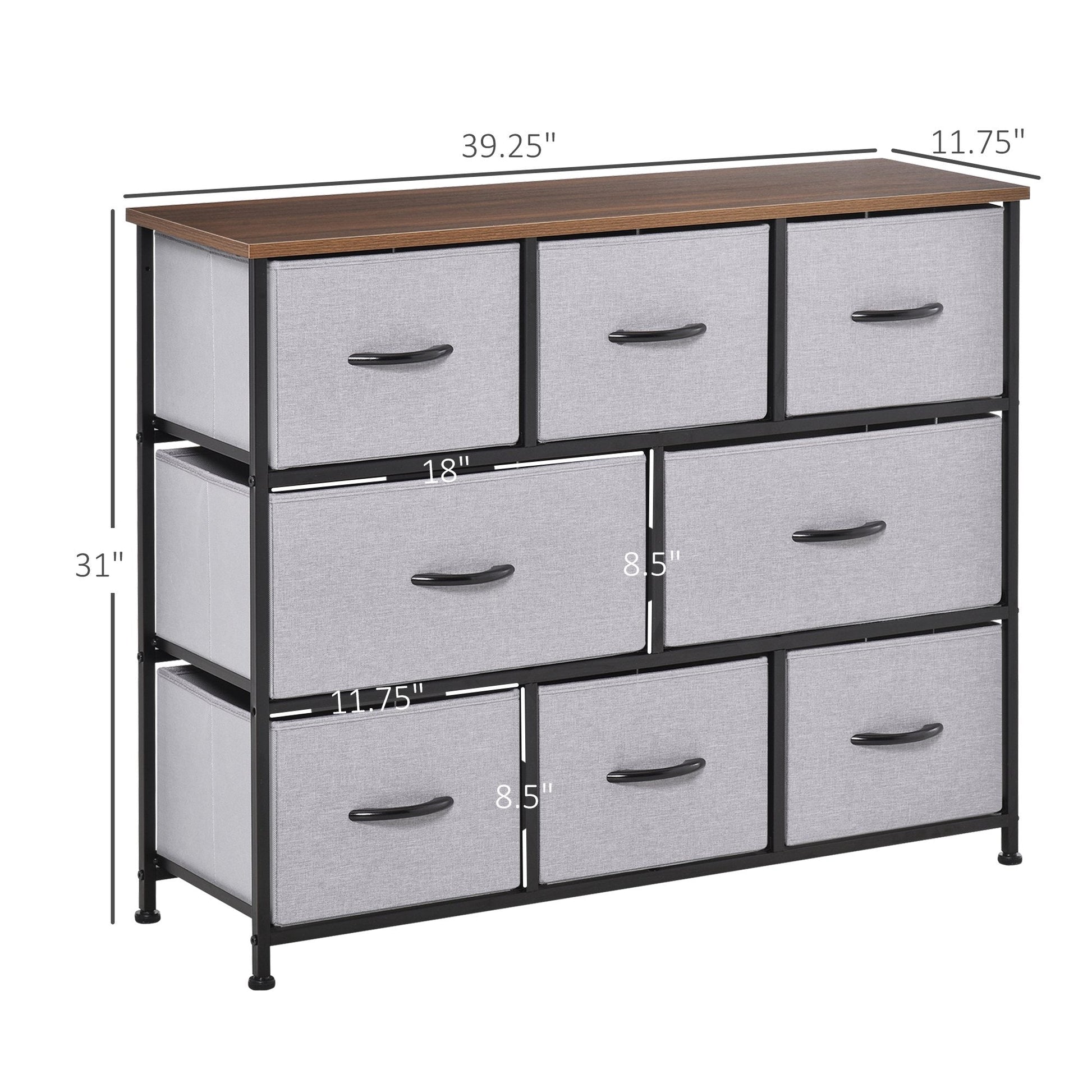 8-Bin Dresser, 3-Tier Fabric Chest of Bins, Storage Tower Organizer Unit with Steel Frame Wooden Top for Living Room, Hallway, Grey Storage Cabinets   at Gallery Canada