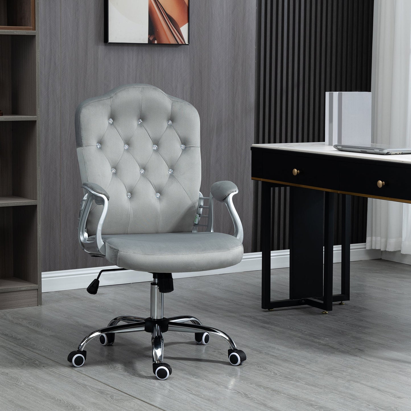 Office Chair, Velvet Computer Chair, Button Tufted Desk Chair with Swivel Wheels, Adjustable Height, Tilt Function, Grey Executive & Manager Chairs   at Gallery Canada