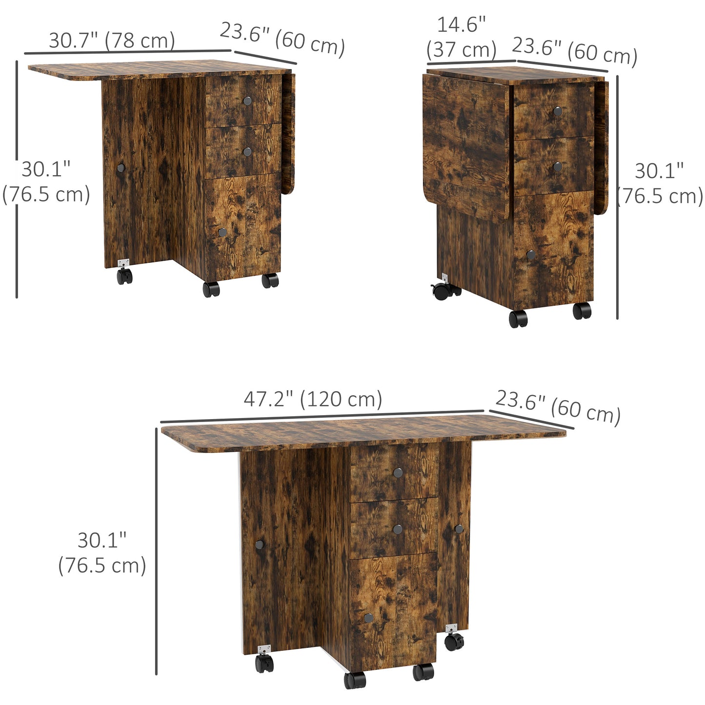 Drop Leaf Dining Table, Mobile Folding Table on Wheels with Drawers and Cabinet for Dining Room, Kitchen, Rustic Brown Bar Tables & Dining Tables   at Gallery Canada