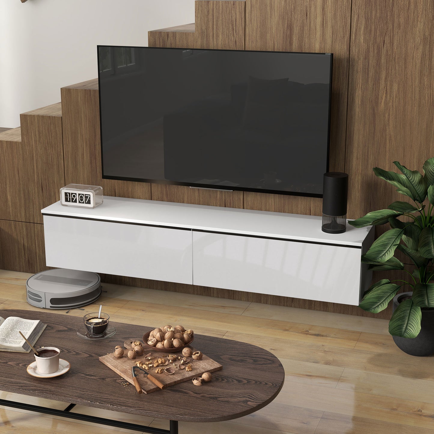 Wall Mounted TV Stand, Floating TV Cabinet for up to 70" TVs with Storage, High Gloss Effect, White TV Stands   at Gallery Canada