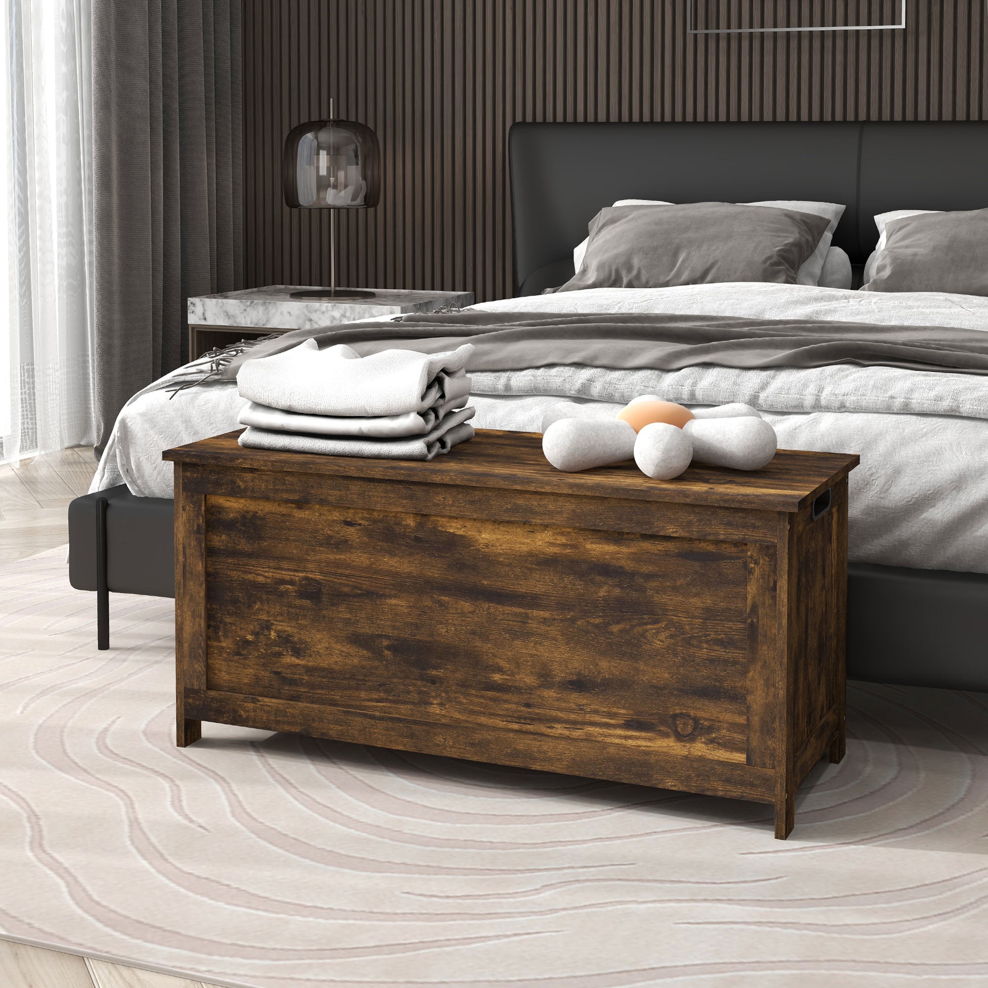 Storage Trunk with 2 Safety Hinges, Modern Entryway Bench with Side Handles, Storage Chest for Living Room, Rustic Brown Storage Ottomans & Benches at Gallery Canada