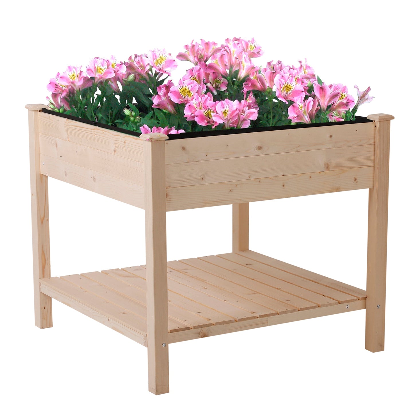 Wooden Raised Garden Bed with Liner, Drainage, Shelf, Legs, 35.75"x35.75", Natural Elevated Garden Beds Natural  at Gallery Canada