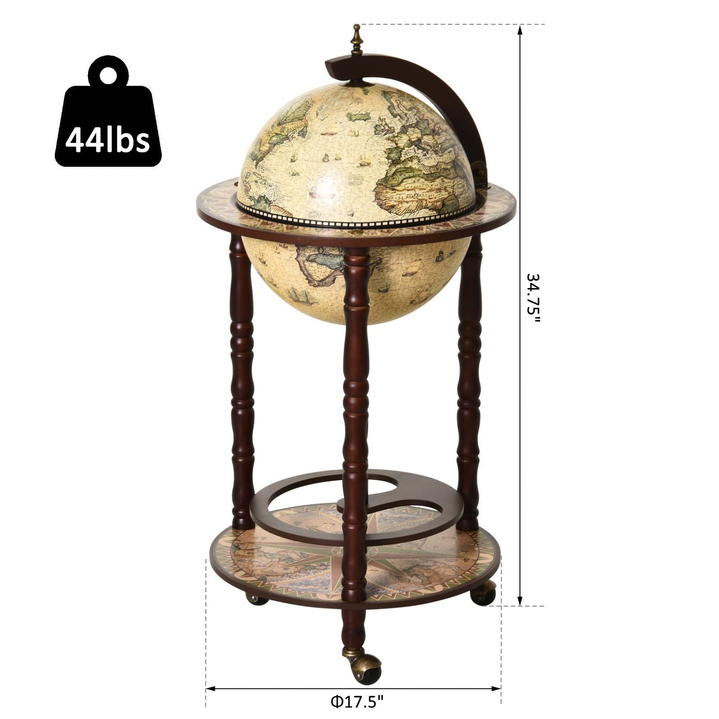 Rolling 18" Globe Wine Bar Stand Wine Cabinet Bottle Shelf Holder Wine Host Trolley with Wheels, Beige Wine Racks   at Gallery Canada