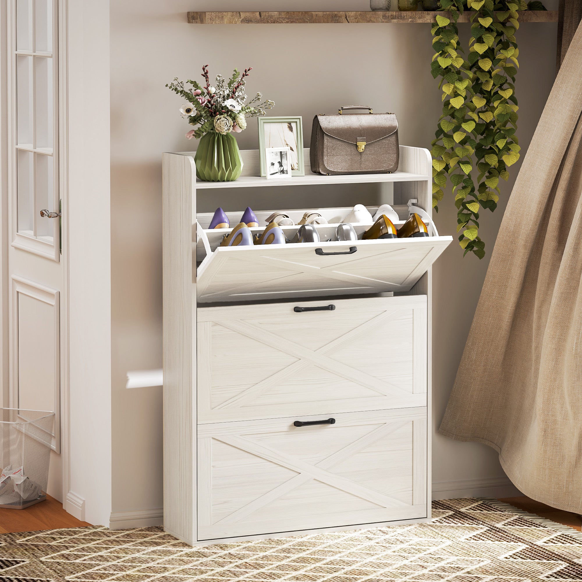 Narrow Shoe Storage Cabinet Farmhouse Shoe Cabinet with 3 Flip Drawers Adjustable Shelves for Entryway White Oak Shoe Storage Cabinets & Racks White Wood Grain at Gallery Canada