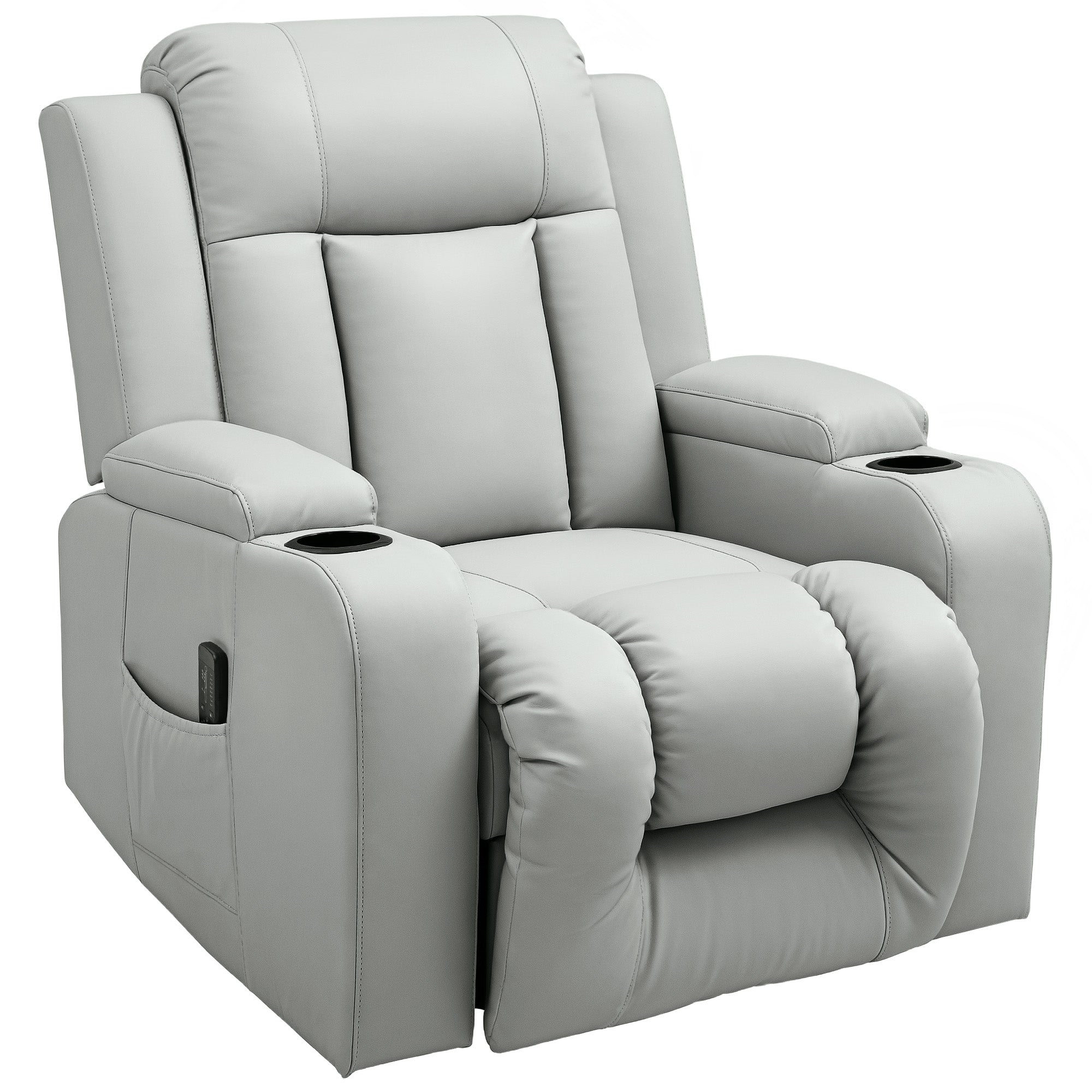 Recliner Chair with 8 Vibration, Overstuffed PU Leather Reclining Chair with Wide Seat, Cup Holders, Rocking, Light Grey Sofas & Reclining Chairs at Gallery Canada