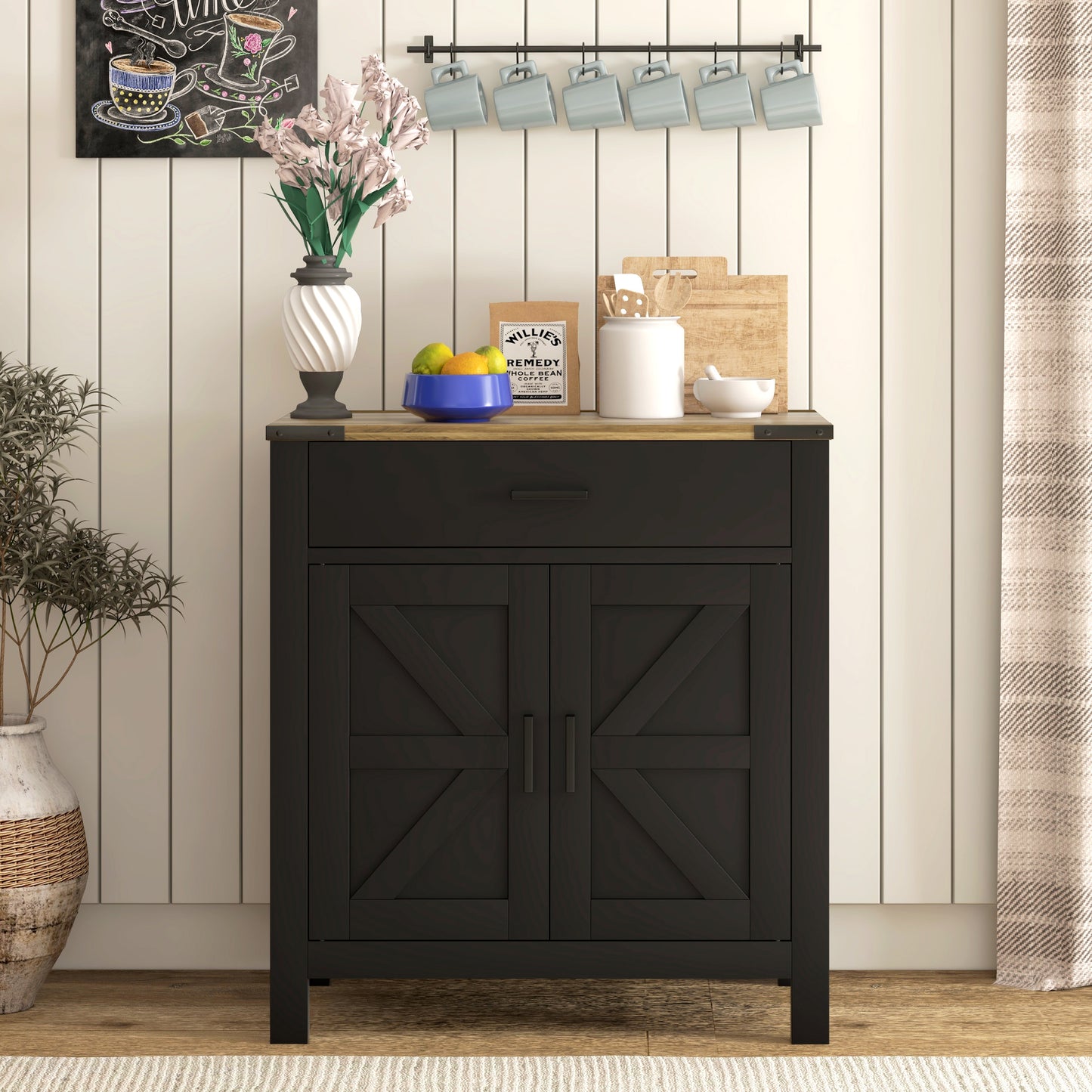 Farmhouse Buffet Cabinet Sideboard with 1 Drawer, 1 Storage Cabinet and Adjustable Shelf, Black Bar Cabinets Multi Colour  at Gallery Canada