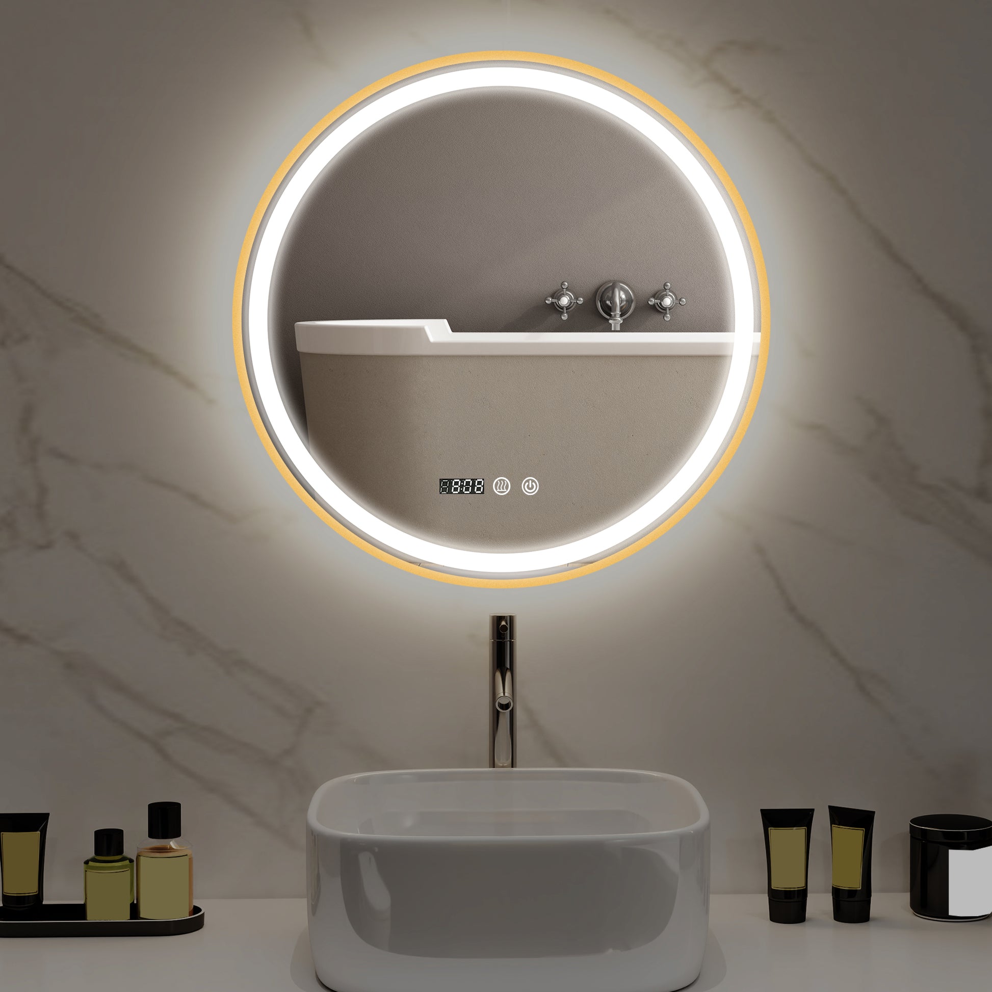 28" Round Bathroom Mirror with LED Lights, Wall Mounted Vanity Mirror with Anti-Fog Pad, Time and Temp Display, Gold Wall Mirrors at Gallery Canada