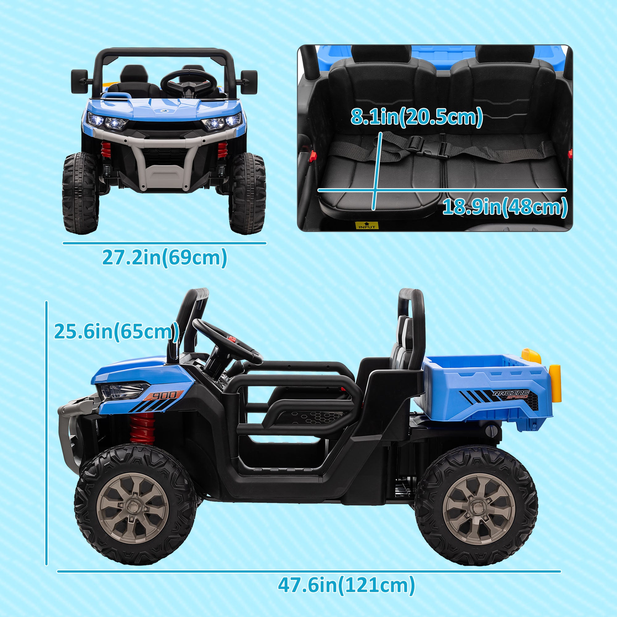 12V Ride on Car with Electric Bucket, Two-Seater, Shovel, Remote Control, Spring Suspension, Horn, Music, Blue Electric Toy Cars   at Gallery Canada