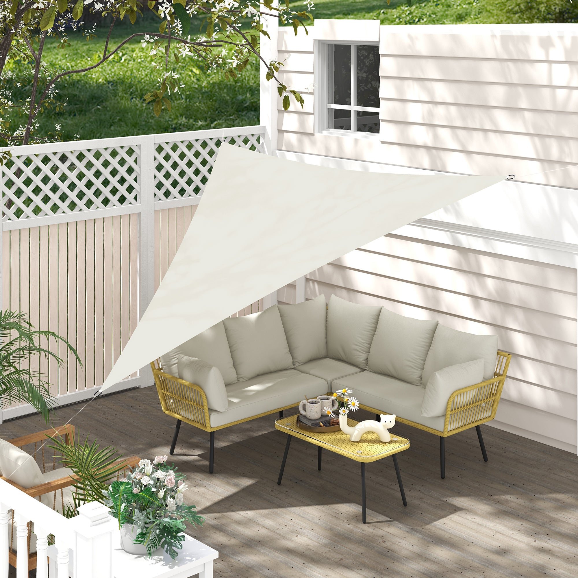 Triangle 10' x 10' x 10' Outdoor Sun Shade Sail, Garden Cover UV Block Fabric Canopy for Patio, Deck, Cream Shade Sails at Gallery Canada