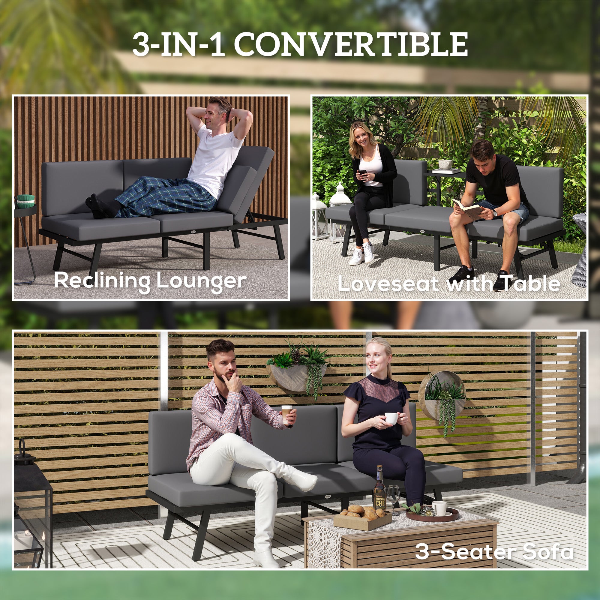 3-in-1 3-Seater Outdoor Sofa, Lounge Chair with 5-Position Adjustable Back, Patio Loveseat with Folding Table, Grey Patio Chairs at Gallery Canada