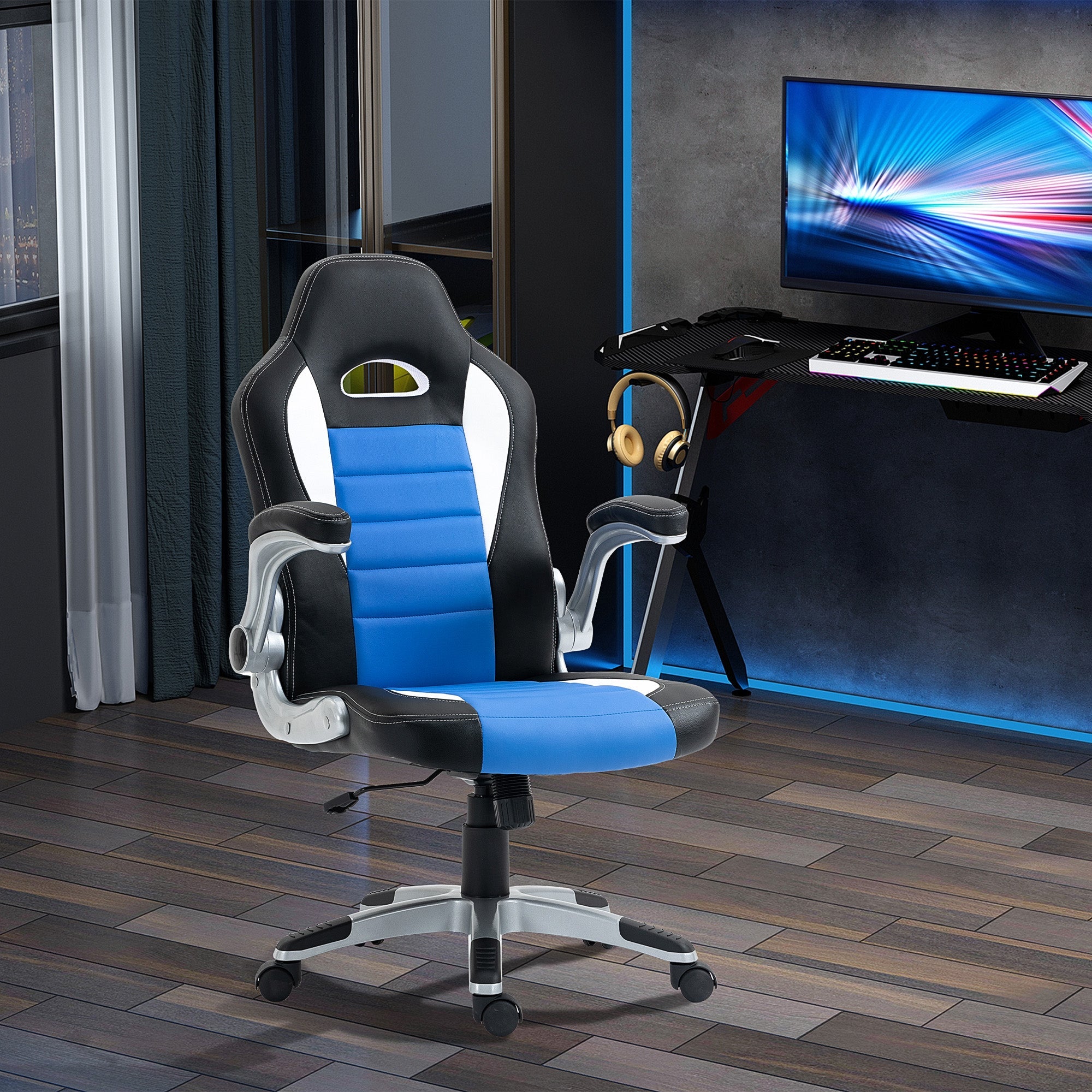 Racing Gaming Chair PU Leather Office Chair Executive Computer Desk Chair with Adjustable Height, Flip Up Armrest, Swivel Wheels, Blue Video Game Chairs   at Gallery Canada