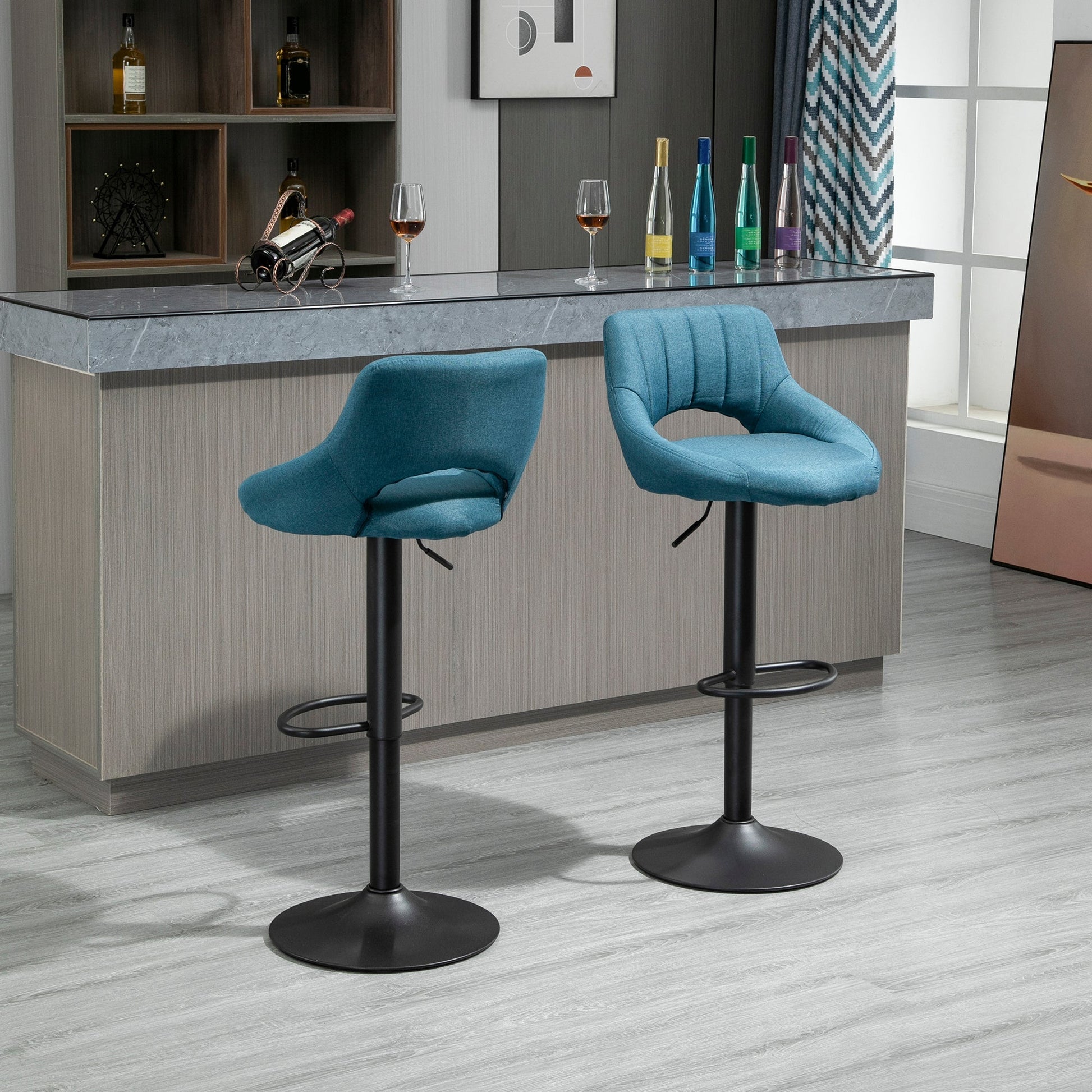 Bar Stools Set of 2, Swivel Counter Height Barstools with Adjustable Height, Linen Upholstered Bar Chairs with Round Metal Base and Footrest, Blue Bar Stools   at Gallery Canada