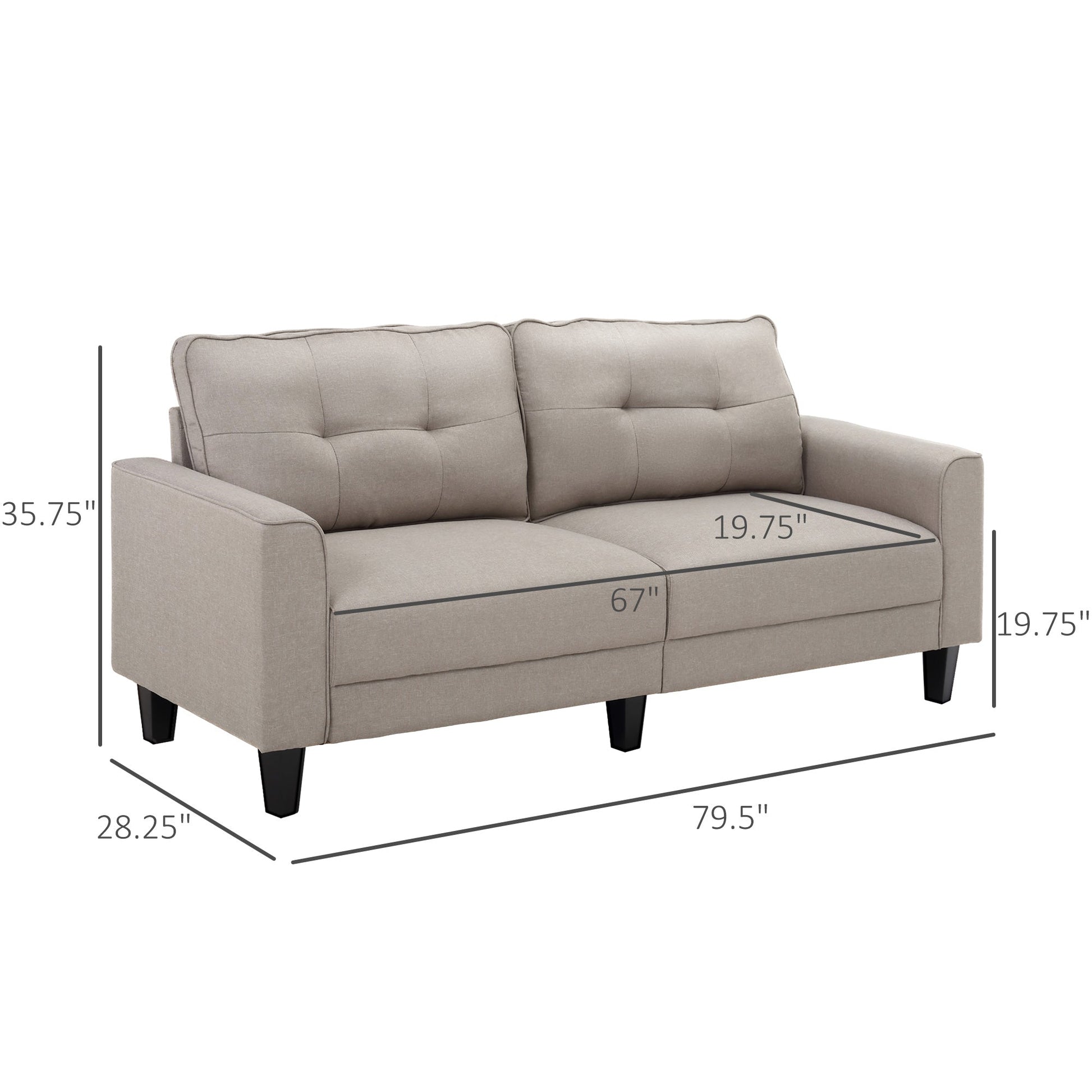 3-Seater Sofa, Mid-Century Linen Couch with Upholstered Seat, Button-Tufted Back Cushion and Rubber Wood Legs for Living Room, Bedroom, Beige 3-Seater Sofas   at Gallery Canada