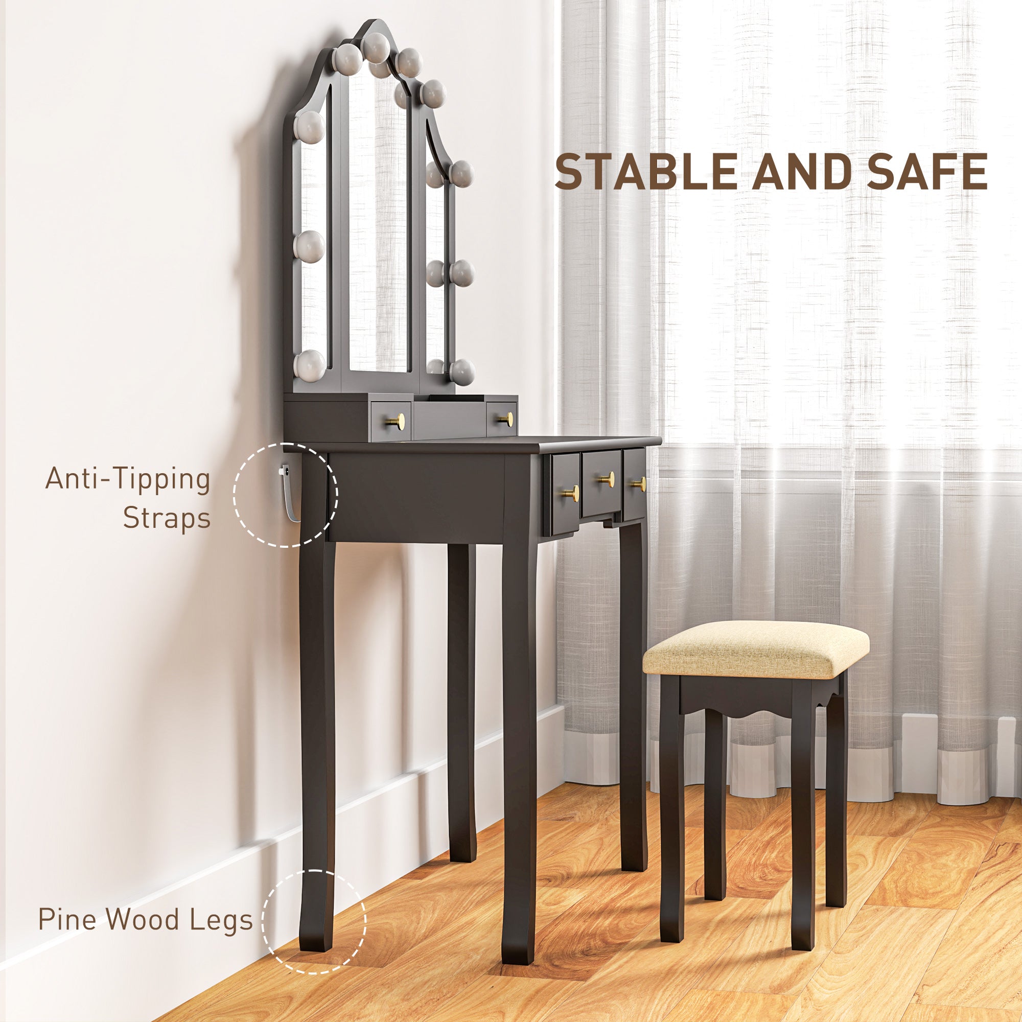 Makeup Vanity Desk with Mirror and Stool, Vanity Set with 10 LED Lights, 5 Drawers and 3 Compartments, Black Dressing & Vanity Tables at Gallery Canada