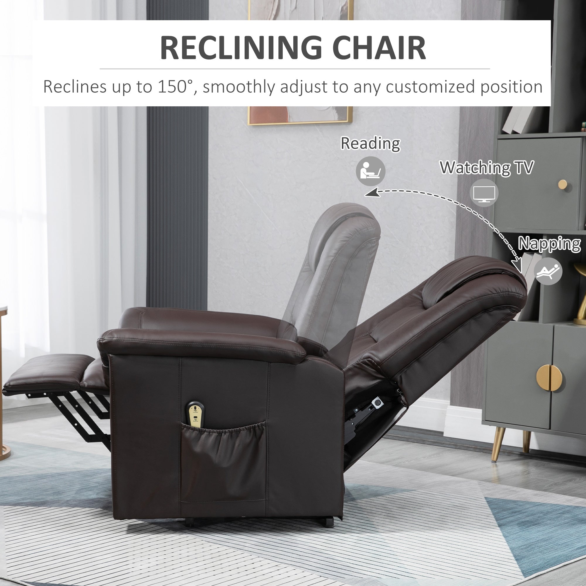 Electric Power Lift Chair for Elderly, PU Leather Recliner Sofa with Footrest and Remote Control for Living Room, Brown Electric Power Lift Chairs   at Gallery Canada