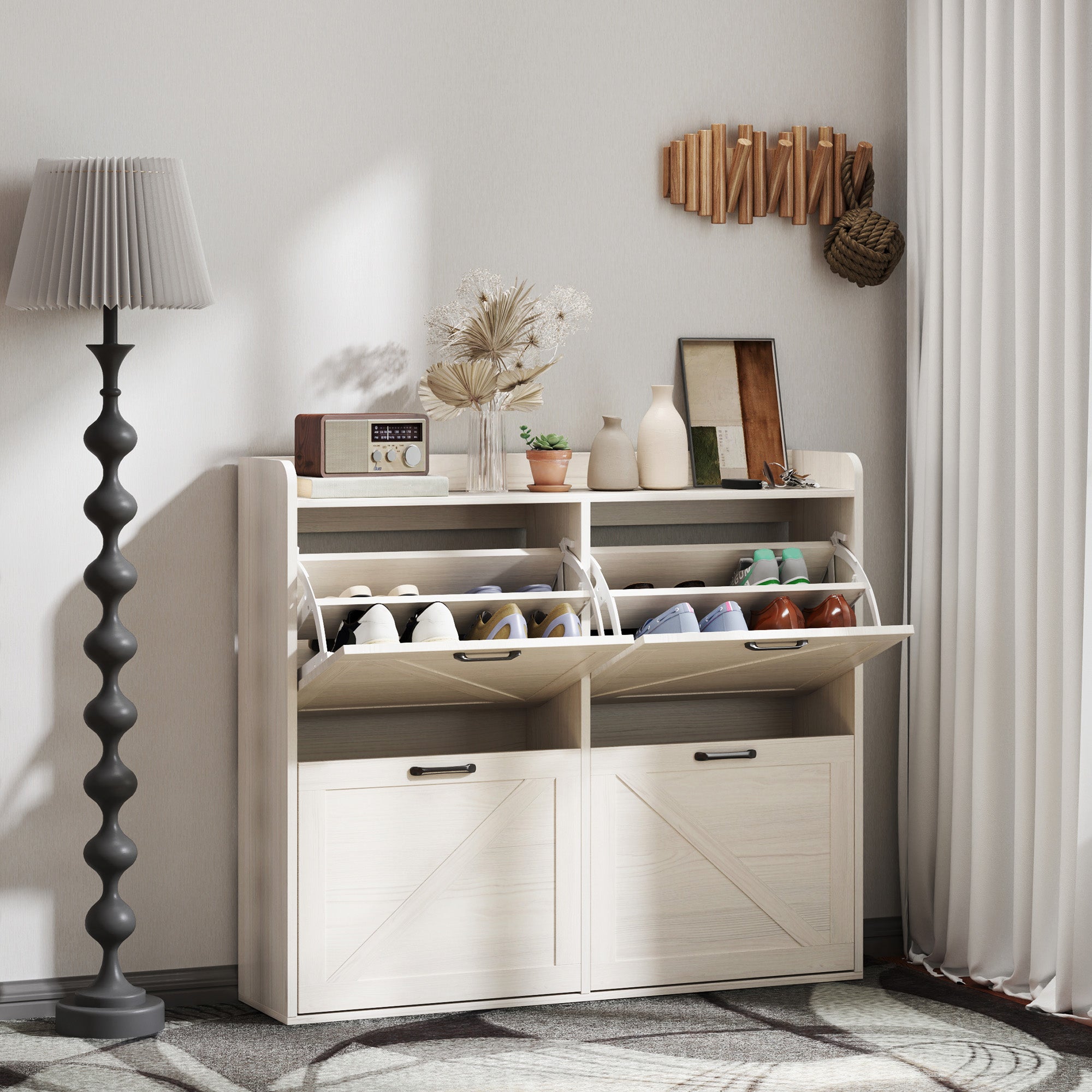 Narrow Shoe Storage Cabinet with 4 Flip Drawers, Adjustable Shelves, 16 Pair Farmhouse Shoe Cabinet, White Oak Shoe Storage Cabinets & Racks White Oak at Gallery Canada