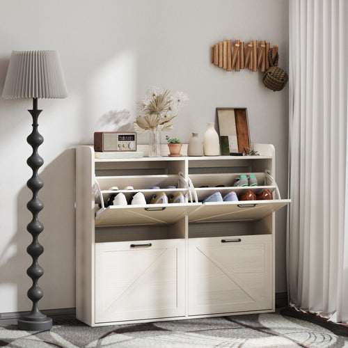 Narrow Shoe Storage Cabinet with 4 Flip Drawers, Adjustable Shelves, 16 Pair Farmhouse Shoe Cabinet, White Oak