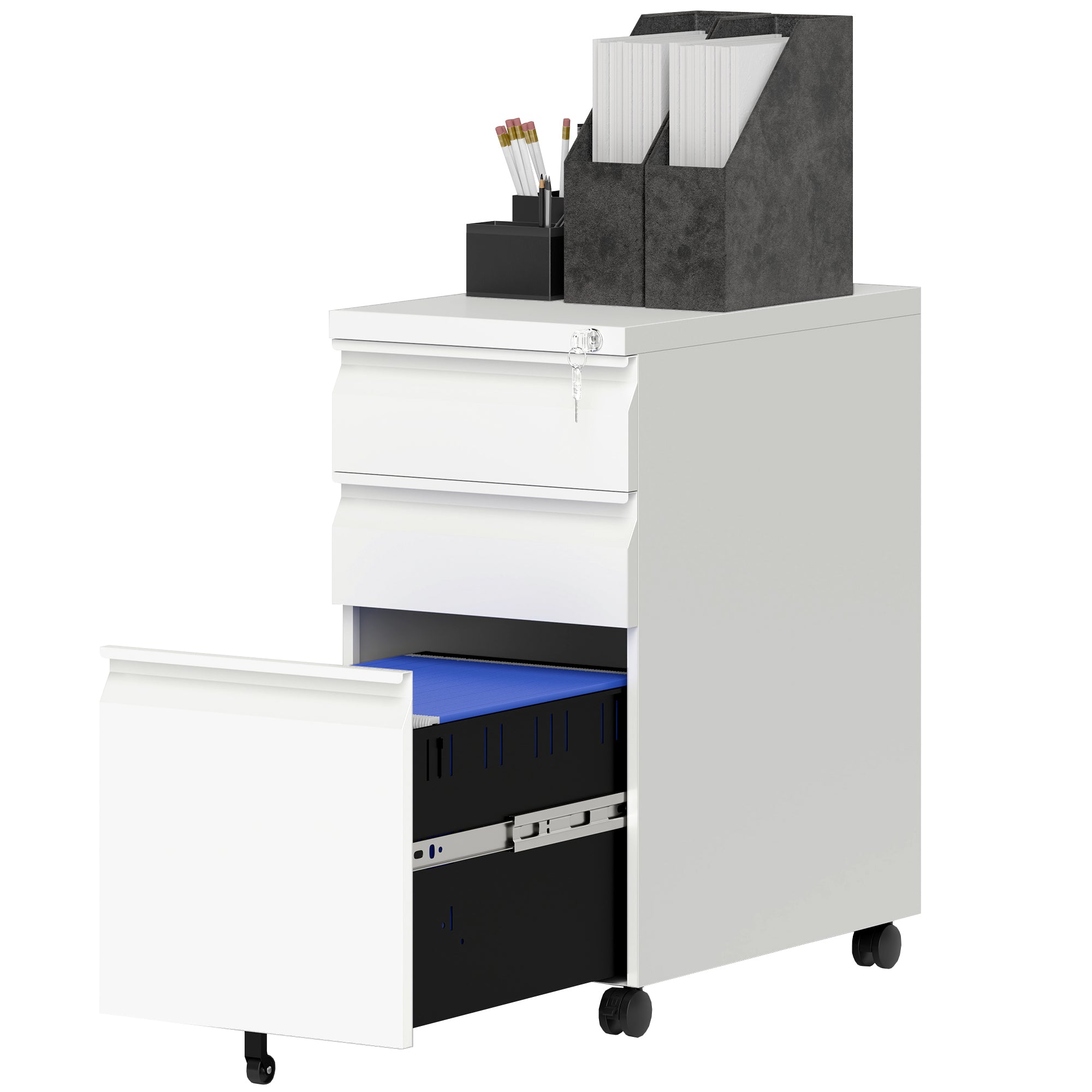 3 Drawer Filing Cabinet with Lock, Steel Office Storage Cabinet with Hanging Bar for A4, Legal, Letter Files, White Office Cabinets & Cupboards White at Gallery Canada