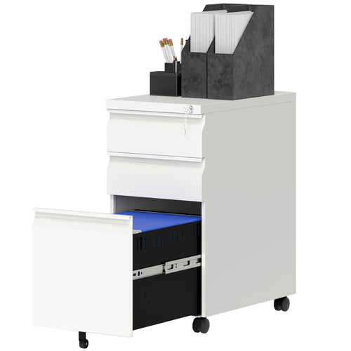 3 Drawer Filing Cabinet with Lock, Steel Office Storage Cabinet with Hanging Bar for A4, Legal, Letter Files, White