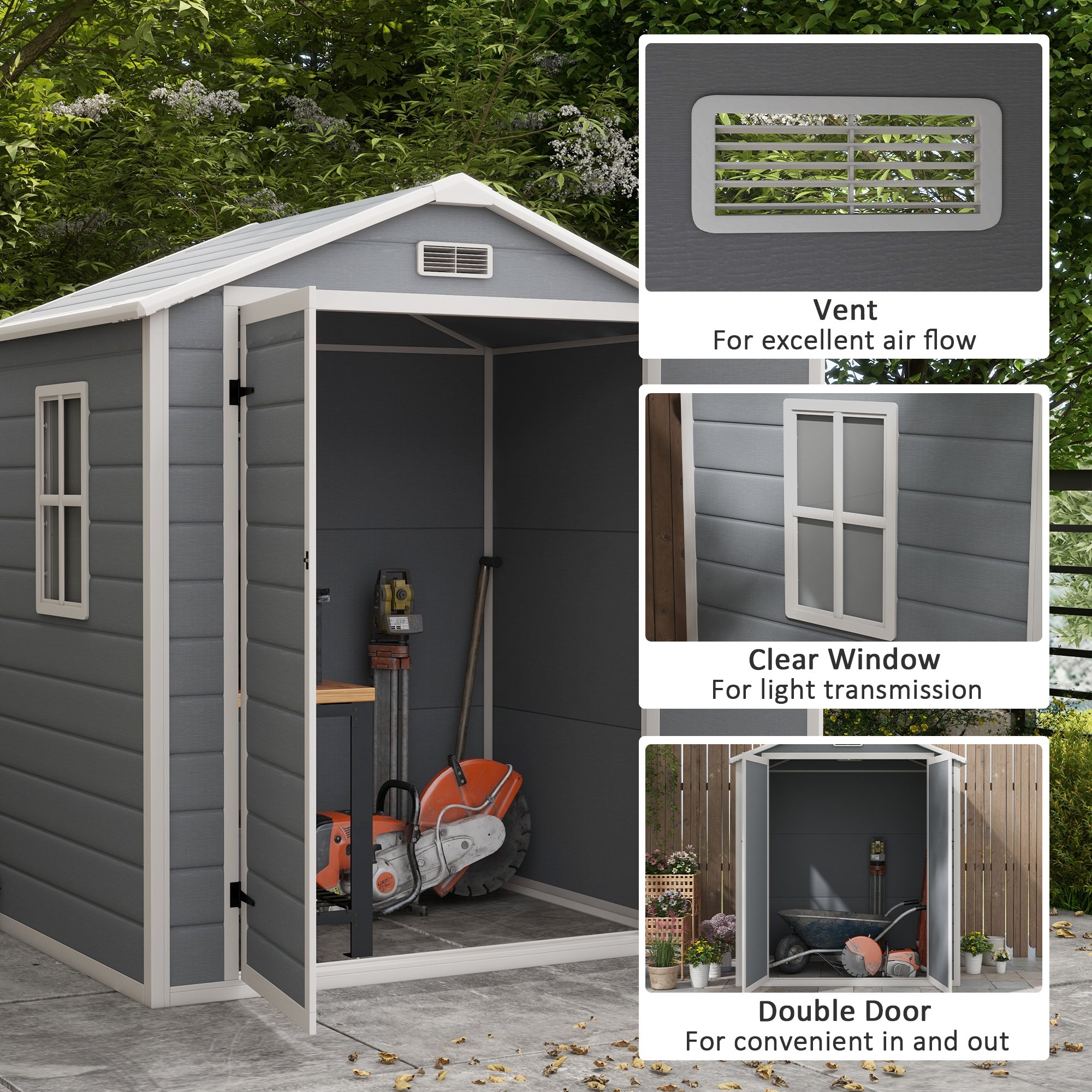 6x4.5FT Plastic Shed, Lockable Garden Tool Storage House with Double Doors and Vent, Grey Sheds   at Gallery Canada