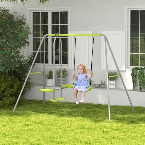 Swing Set for Kids, Heavy Duty A-Frame Metal Swing Frame with Glider, Swing Seat, Ground Stakes for Backyard, Green