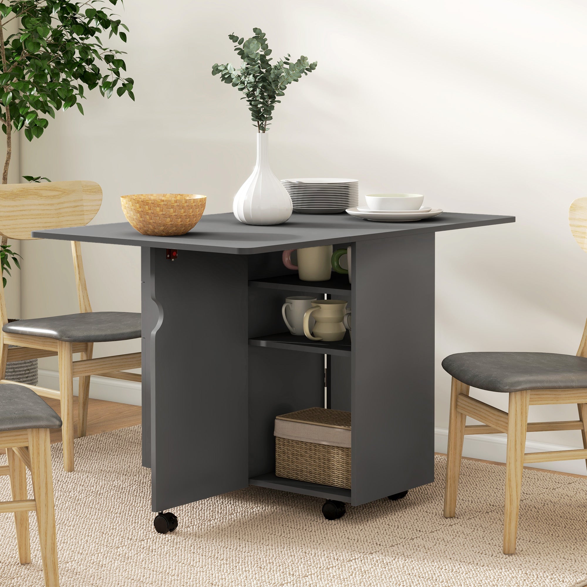 Extendable Dining Table, Drop Leaf Table with 2 Drawers, Cabinet and 6 Wheels for Small Spaces, Kitchen, Grey Dining Tables at Gallery Canada