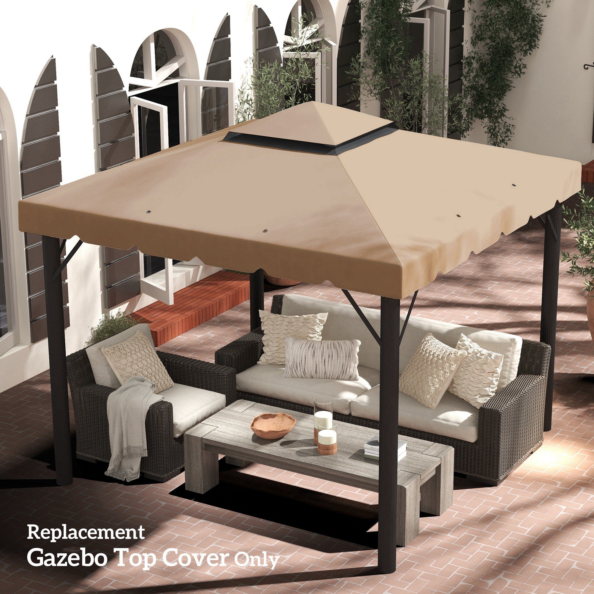 9.8' x 9.8' Replacement Canopy, Gazebo Top Cover with Double Vented Roof for Garden Patio (TOP ONLY), Khaki Gazebos at Gallery Canada