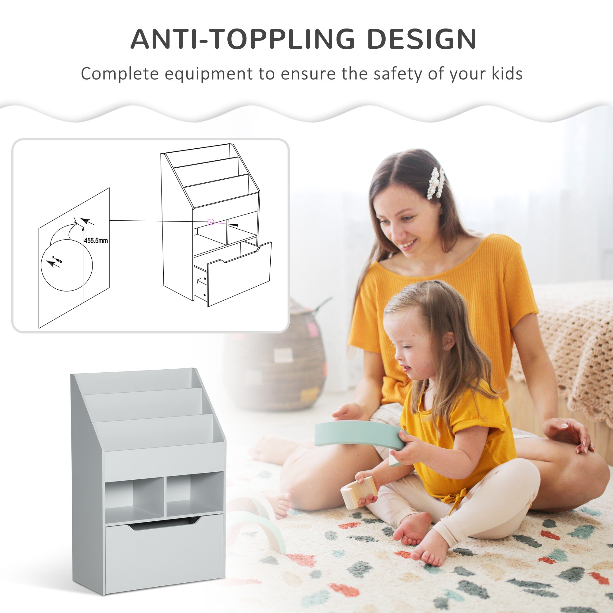 Kids Bookcase Multi-Shelf Rack Organizer with Storage Drawer for Books for Reading Nook, Classroom, Bedroom, Playroom, Grey Baby & Kids Storage at Gallery Canada