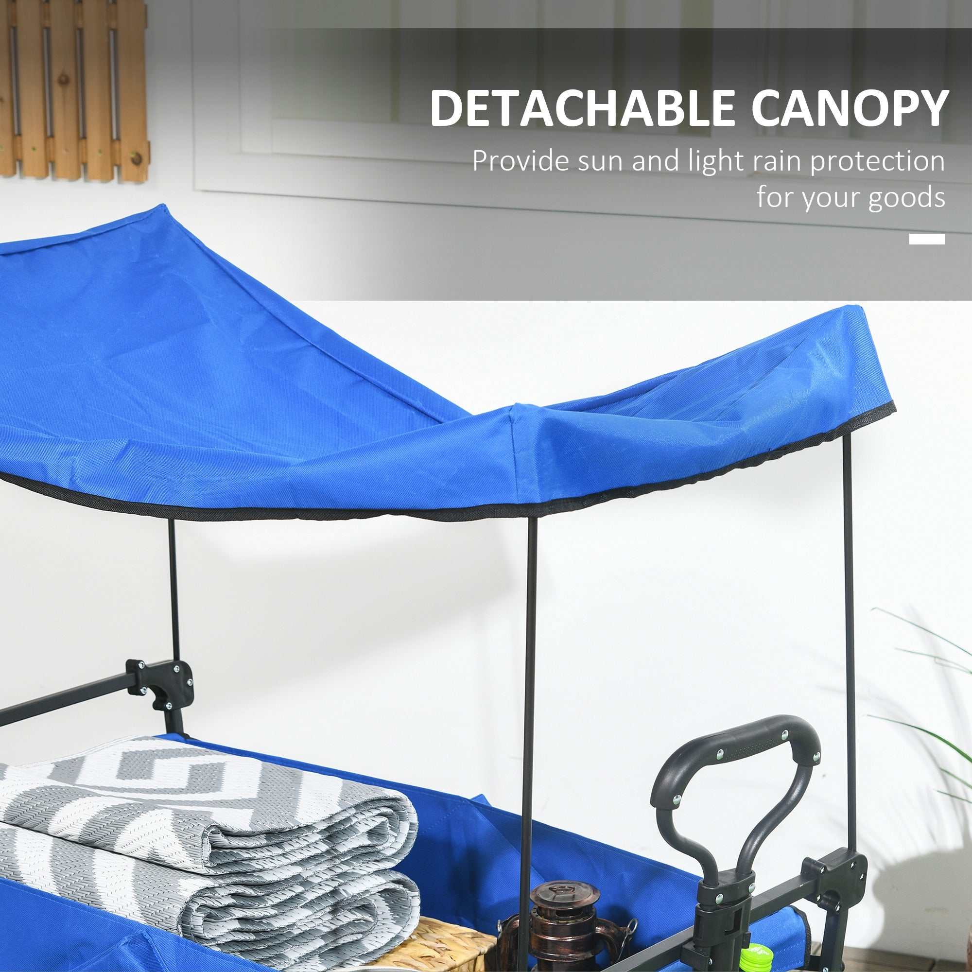 Steel Frame Folding Garden Cart, Collapsible Wagon Cart with Removable Canopy, Telescopic Handle and Carrying Bag, Dark Blue Folding Garden Carts at Gallery Canada