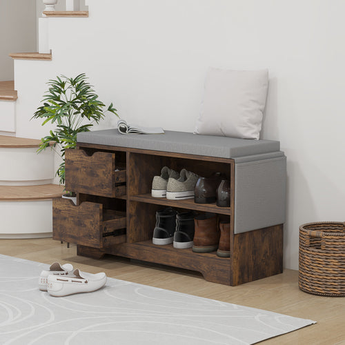 Upholstered Shoe Storage Bench w/ Seat, Entrance Bench w/ Drawer Open Shelves and Pocket for Hallway, Rustic Brown