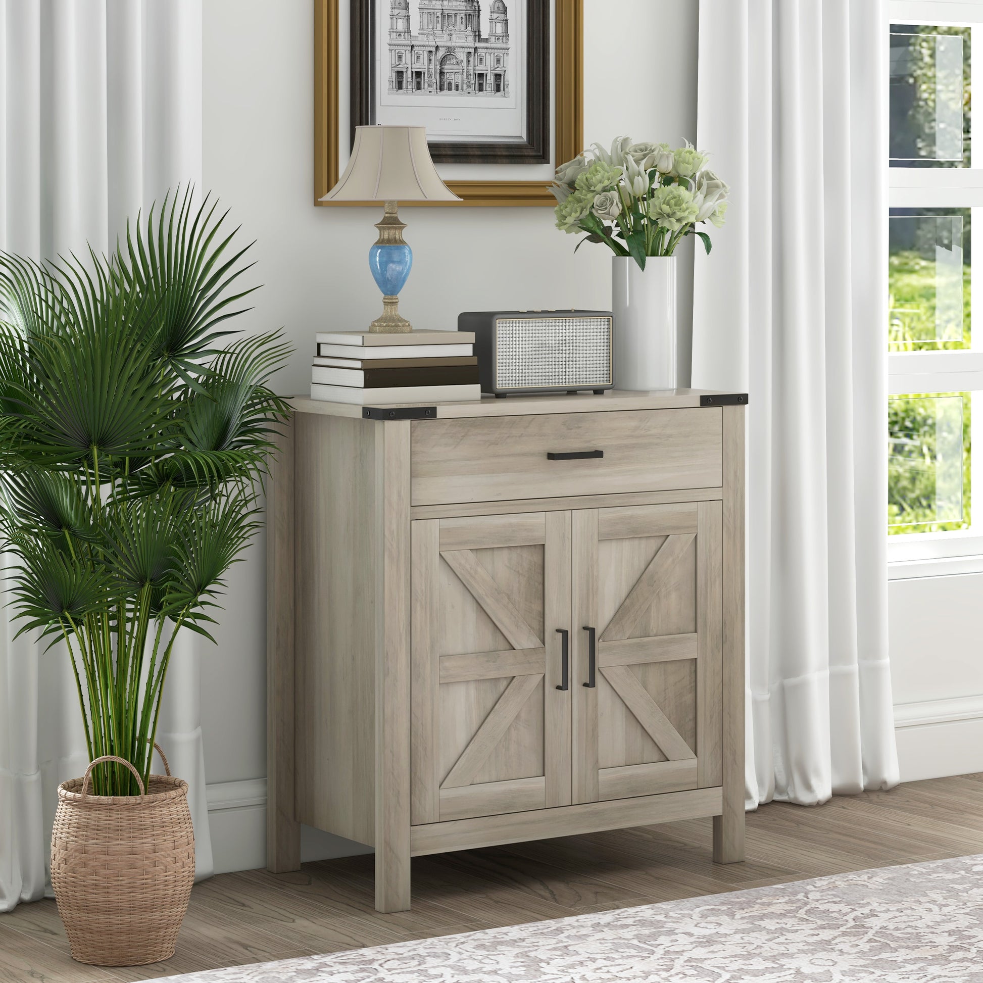 Farmhouse Buffet Cabinet Sideboard with 1 Drawer, 1 Storage Cabinet and Adjustable Shelf, Grey Bar Cabinets   at Gallery Canada