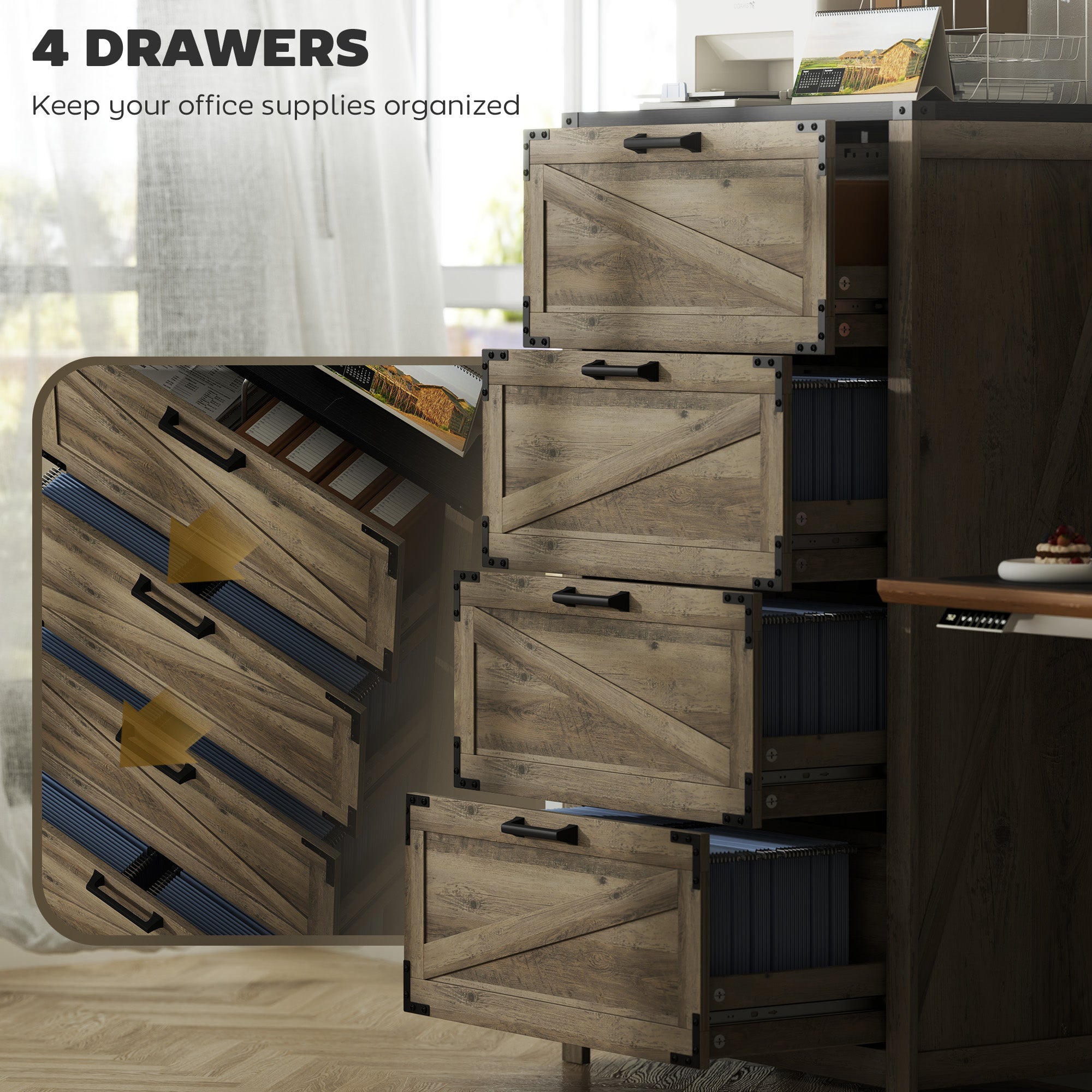 4 Drawer Filing Cabinet, Farmhouse Office Storage Cabinet with Adjustable Hanging Bars for Letter, A4, Legal Size, Grey Office Cabinets & Cupboards at Gallery Canada