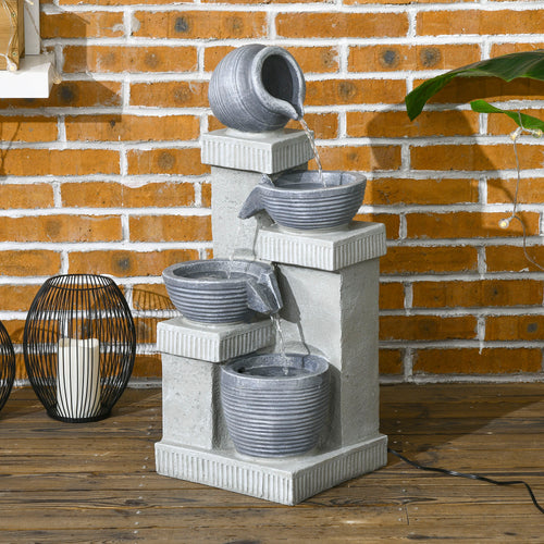 4-Tiered Outdoor Jar and Bowls Water Fountain with LED Lights, Adjustable Flow, 26.4-inch Resin Waterfall Fountain