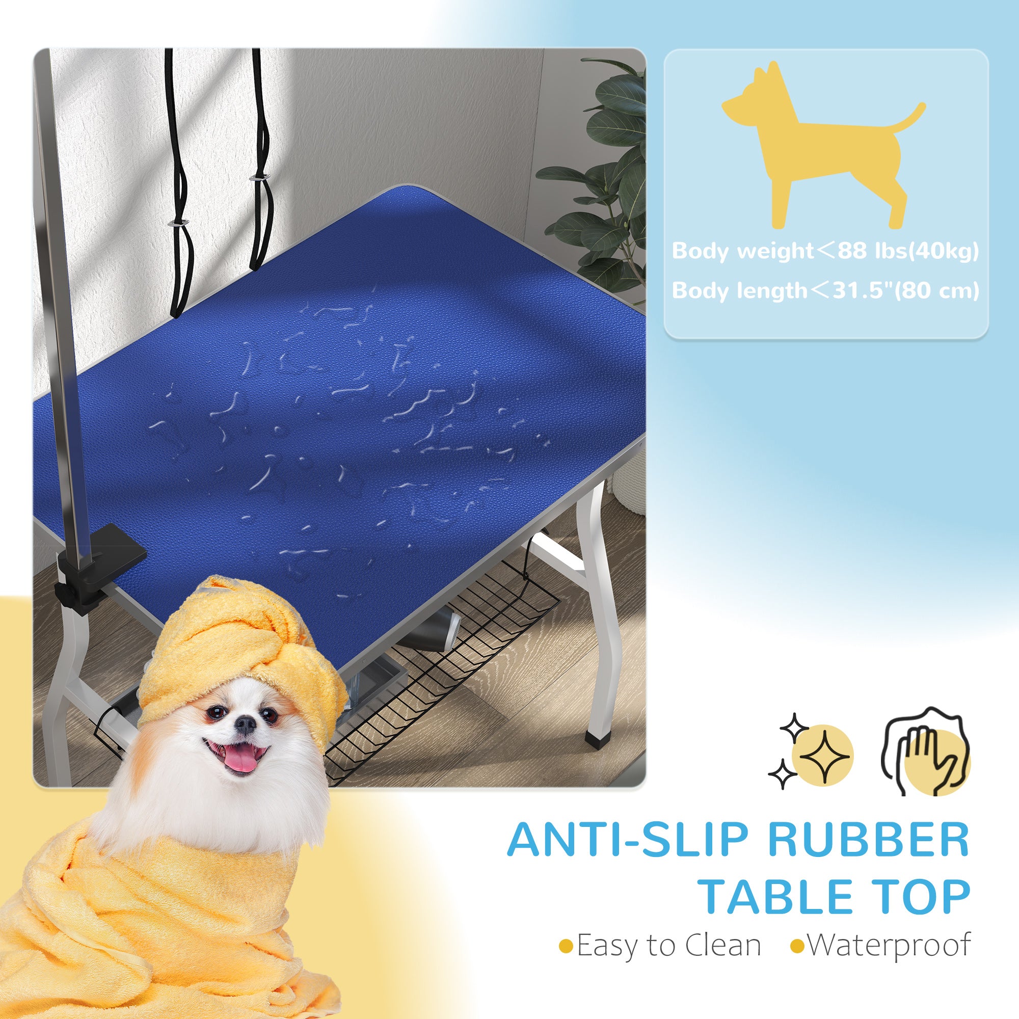 Dog Grooming Table w/ Adjustable Arm, Mesh Tray, Two Nooses, Rubber Surface, 35