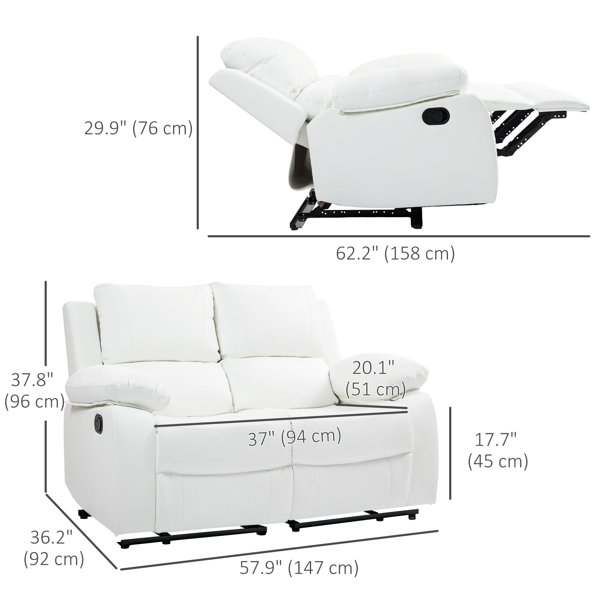 PU Leather Manual Recliner Sofa, Double Reclining Loveseat with Pullback Control Footrest for Living Room, White 2-Seater Sofas at Gallery Canada