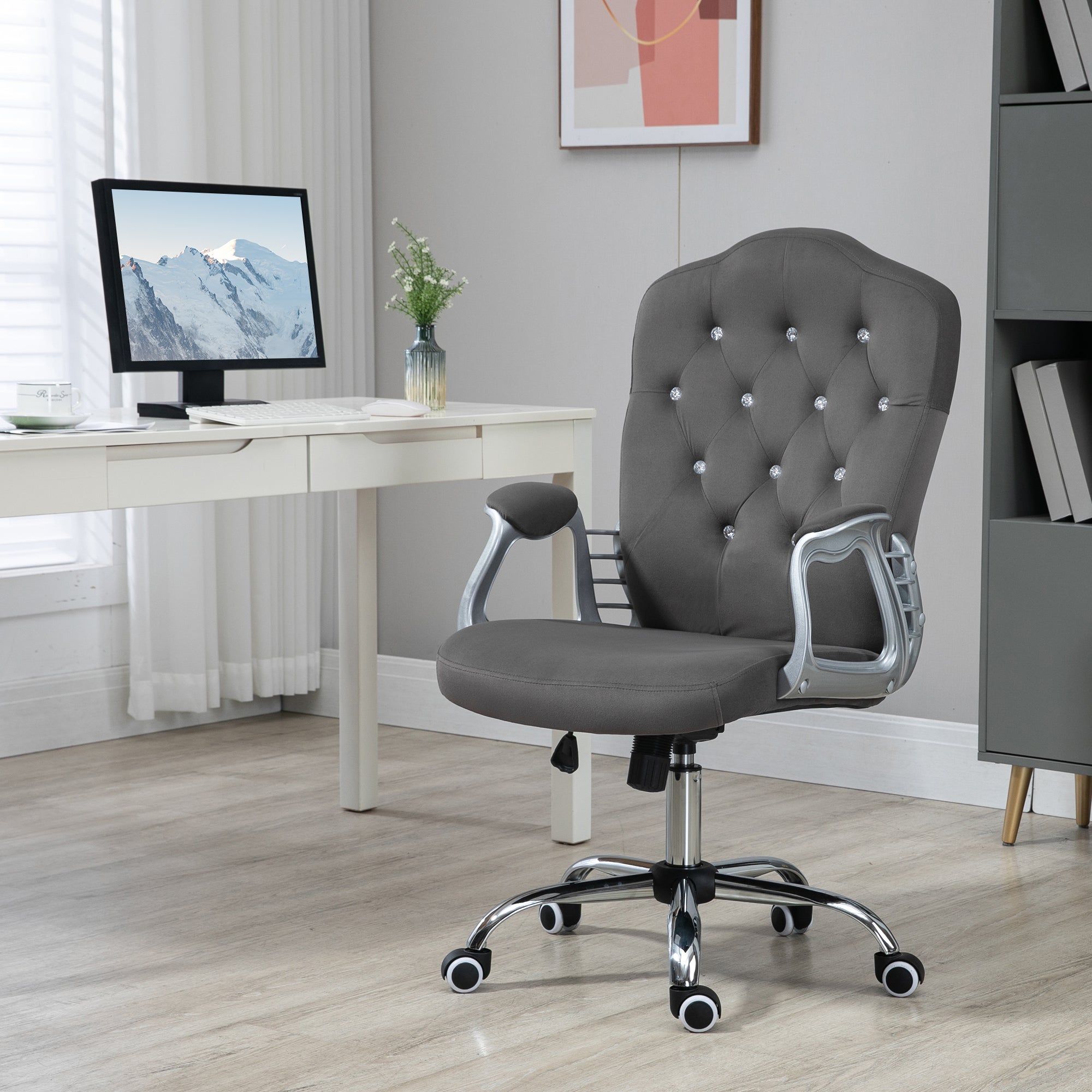 Office Chair, Velvet Computer Chair, Button Tufted Desk Chair with Swivel Wheels, Adjustable Height, Tilt Function, Dark Grey Executive & Manager Chairs   at Gallery Canada