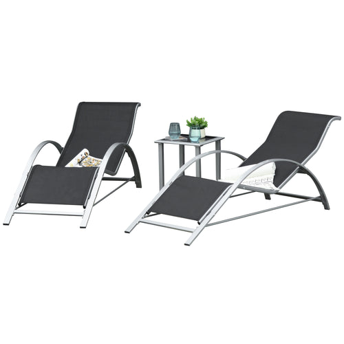 3 Pieces Outdoor Lounge Chair Set, 2 S-Shaped Lawn Chairs and a Glass Table for Patio, Yard, Black