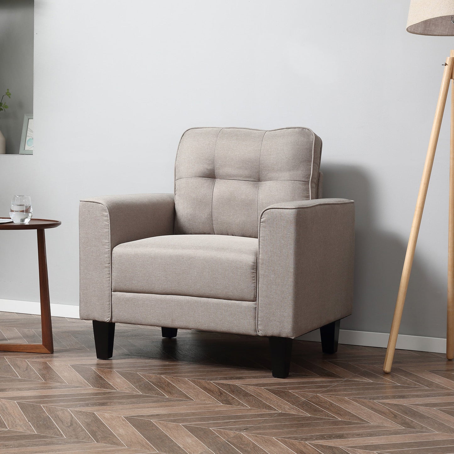 Modern Button Tufted Armchair with Thick Padding and Rubber Wood Legs, Beige Single Sofas   at Gallery Canada