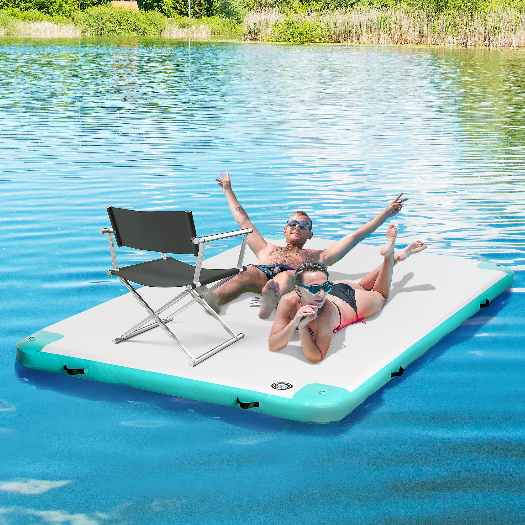 10' x 7' Water Floating Dock, Rafting Inflatable Island with Air Pump and Backpack for Pool, Beach, Ocean, Blue &; Green Floating Water Mats at Gallery Canada