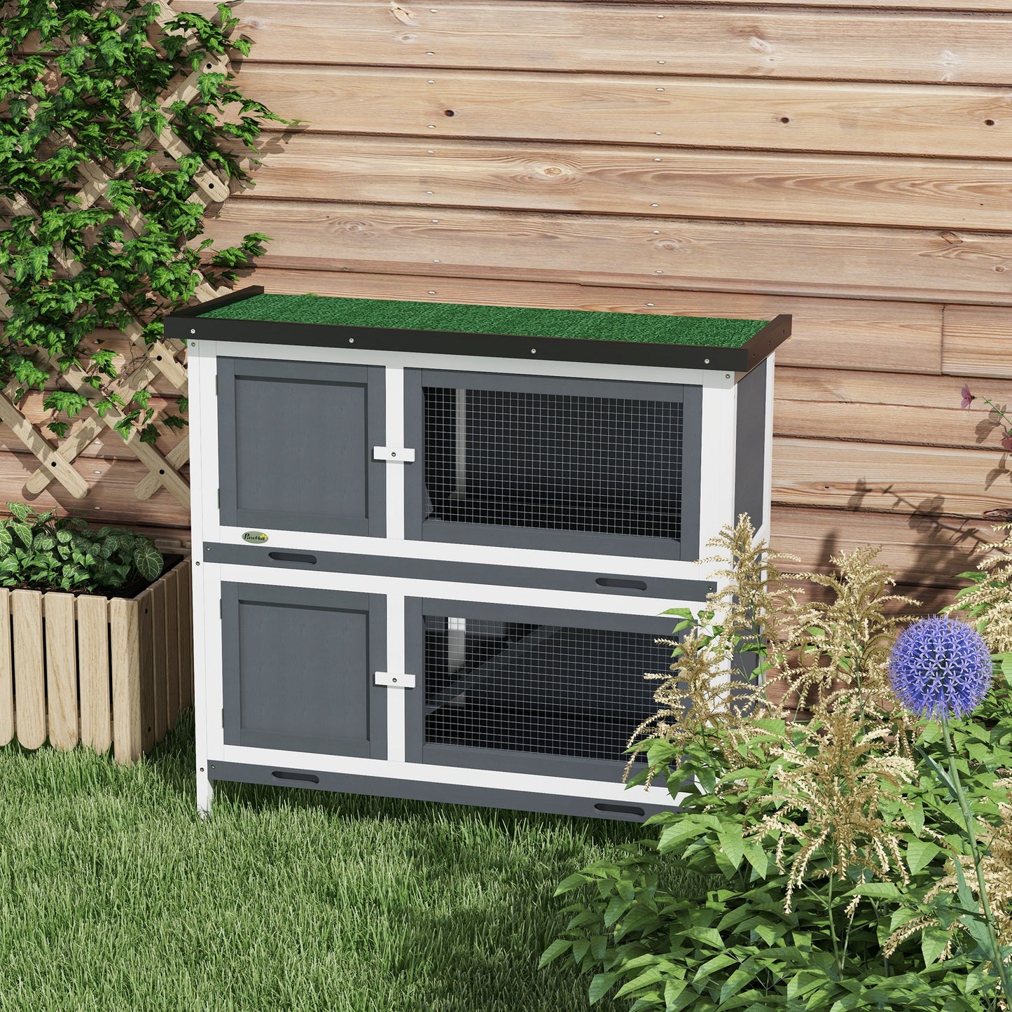 Wood Rabbit Hutch with 2 Large Main House, Ramp, Trays, Grey Rabbit Hutch   at Gallery Canada