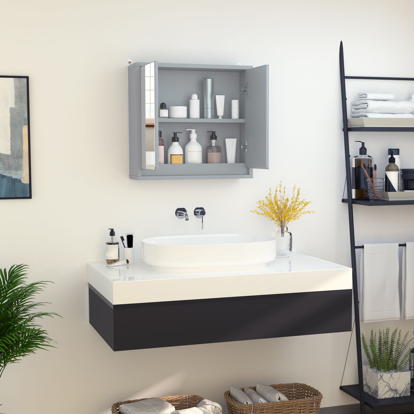 Wall Mounted Bathroom Medicine Cabinet Mirrored Cabinet with Hinged Door 2-Tier Storage Shelves Grey Mirror Medicine Cabinets   at Gallery Canada