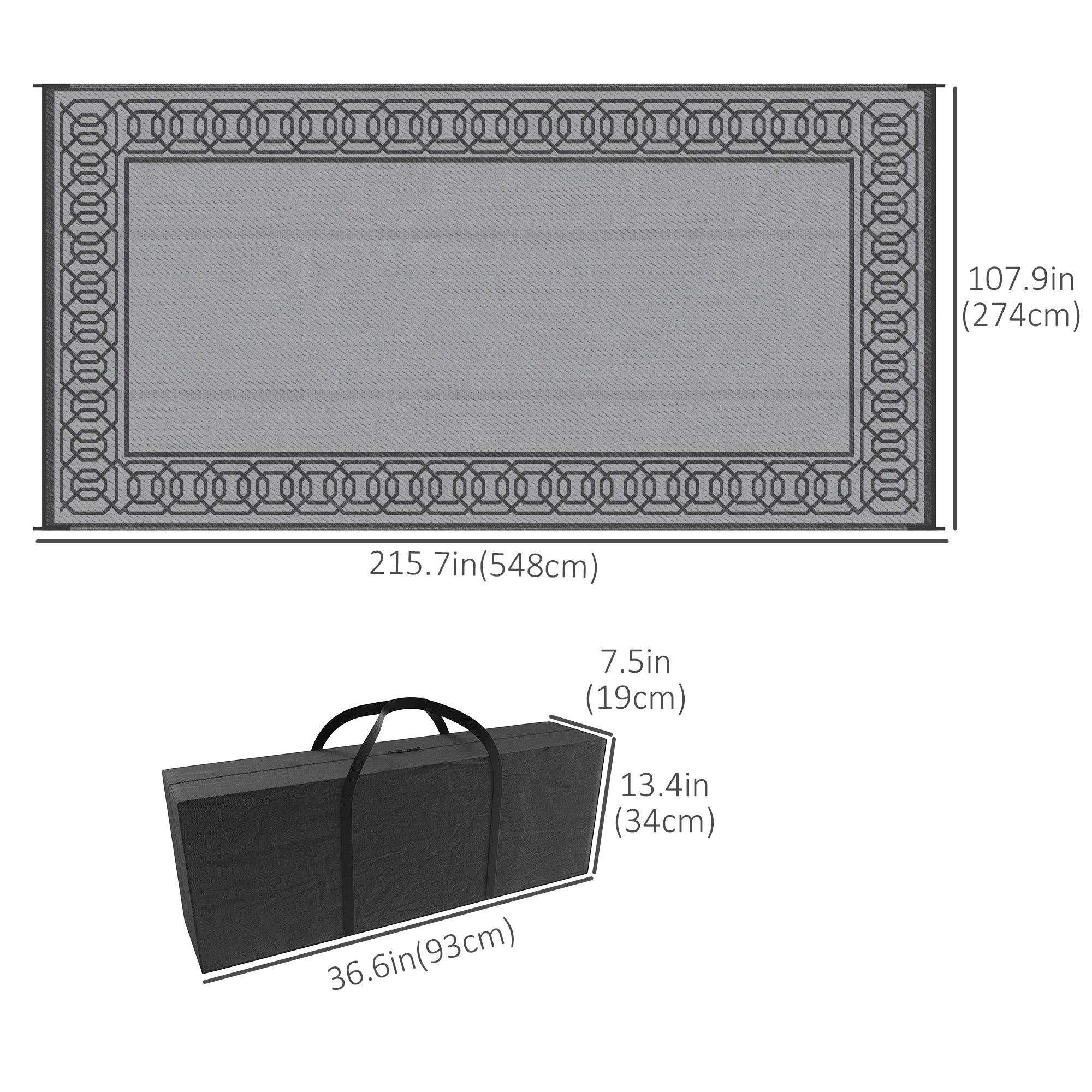 Portable Outdoor Rug with Carrying Bag, 9' x 18' Reversible Mat, Waterproof Plastic Straw RV Rug for Backyard, Deck, Picnic, Beach, Camping, Black and Grey Outdoor Reversible Rugs at Gallery Canada