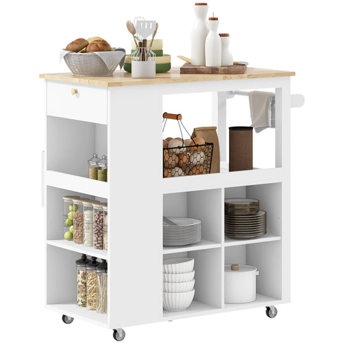 Kitchen Island Table Kitchen Cart with Rubberwood Top, Adjustable Shelves, Knife Rack, Towel Rack, Cabinet, White