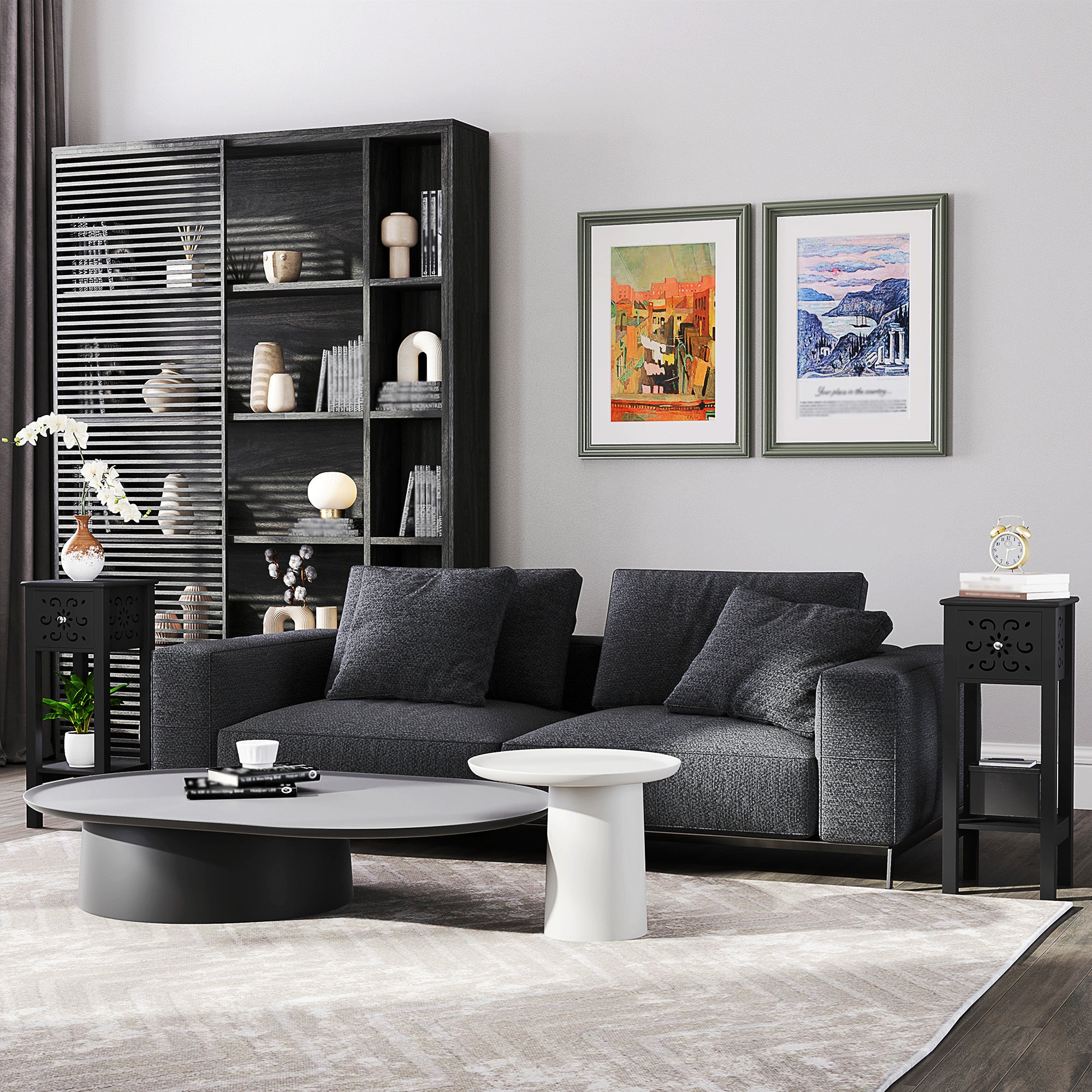 Nightstand Set of 2 with Drawer and Open Storage Shelf Black Side Tables at Gallery Canada