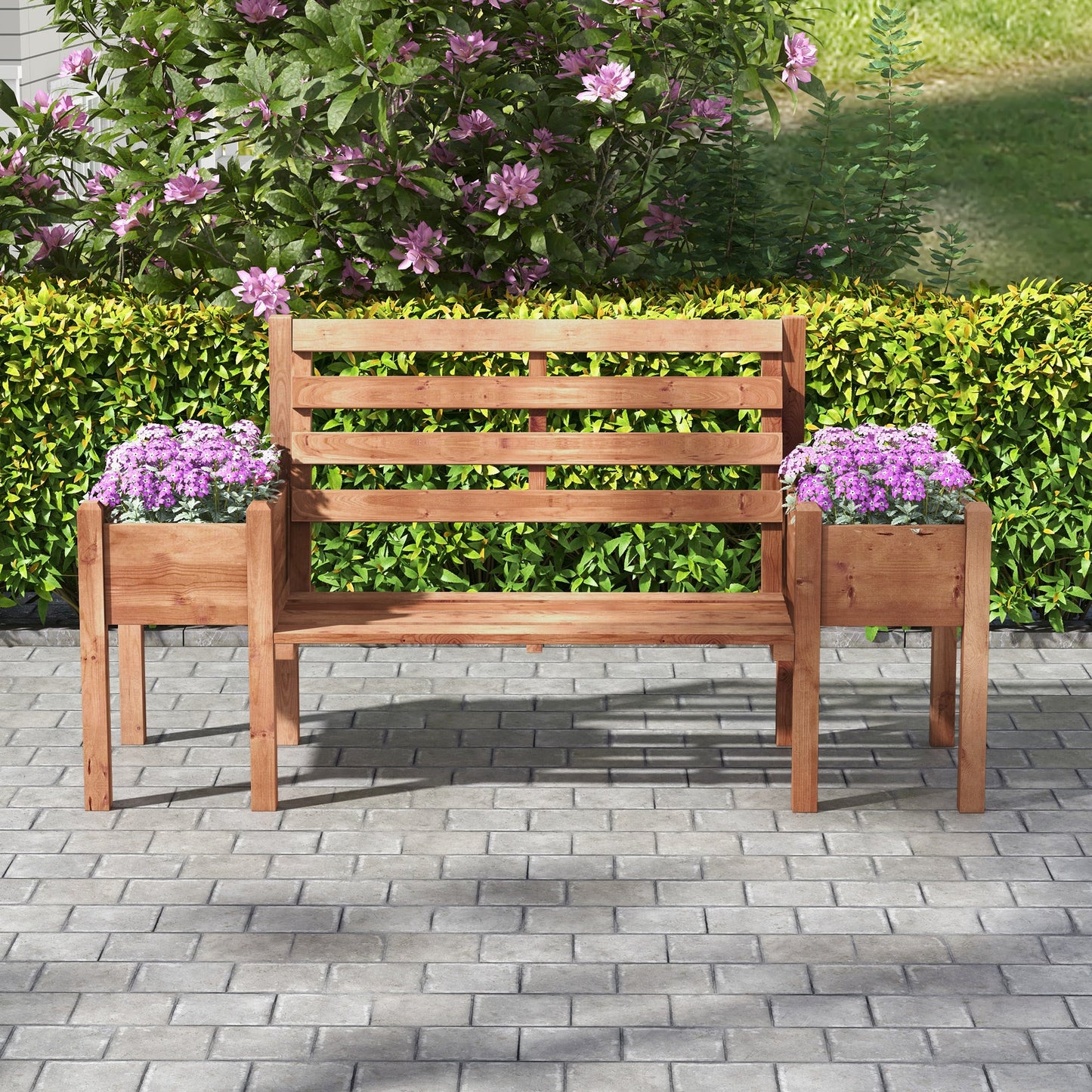 Wood Outdoor Bench with Planter Boxes 2-Seater Garden Bench with Slat Seat and Back Dark Brown Outdoor Benches   at Gallery Canada