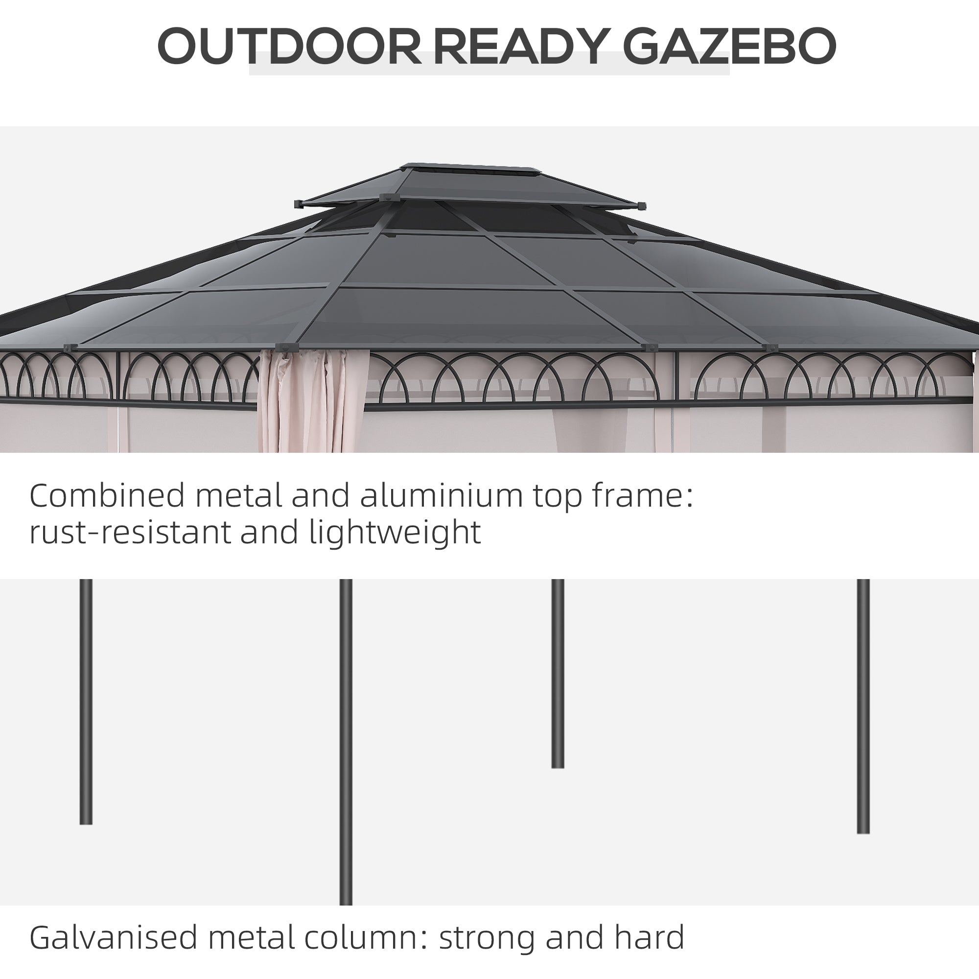 10' x 12' Outdoor Hardtop Gazebo Canopy w/ Double PC Roof, Steel Frame, Nettings, Curtains for Garden Lawn Deck, Khaki Gazebos at Gallery Canada